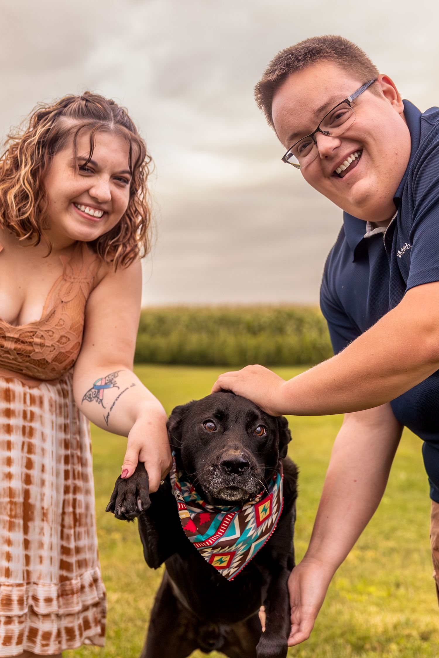 A chocolate Labrador wearing a colorful bandana stands in a grassy field with two companions on a cloudy day.