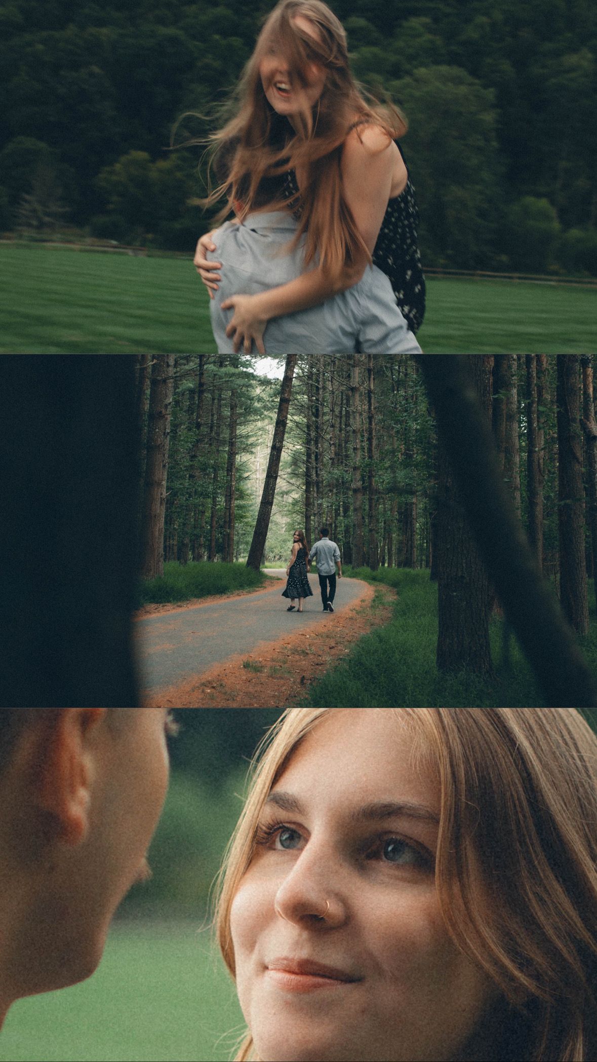 Intimate moments shared between a couple along a tree-lined path and grassy field.