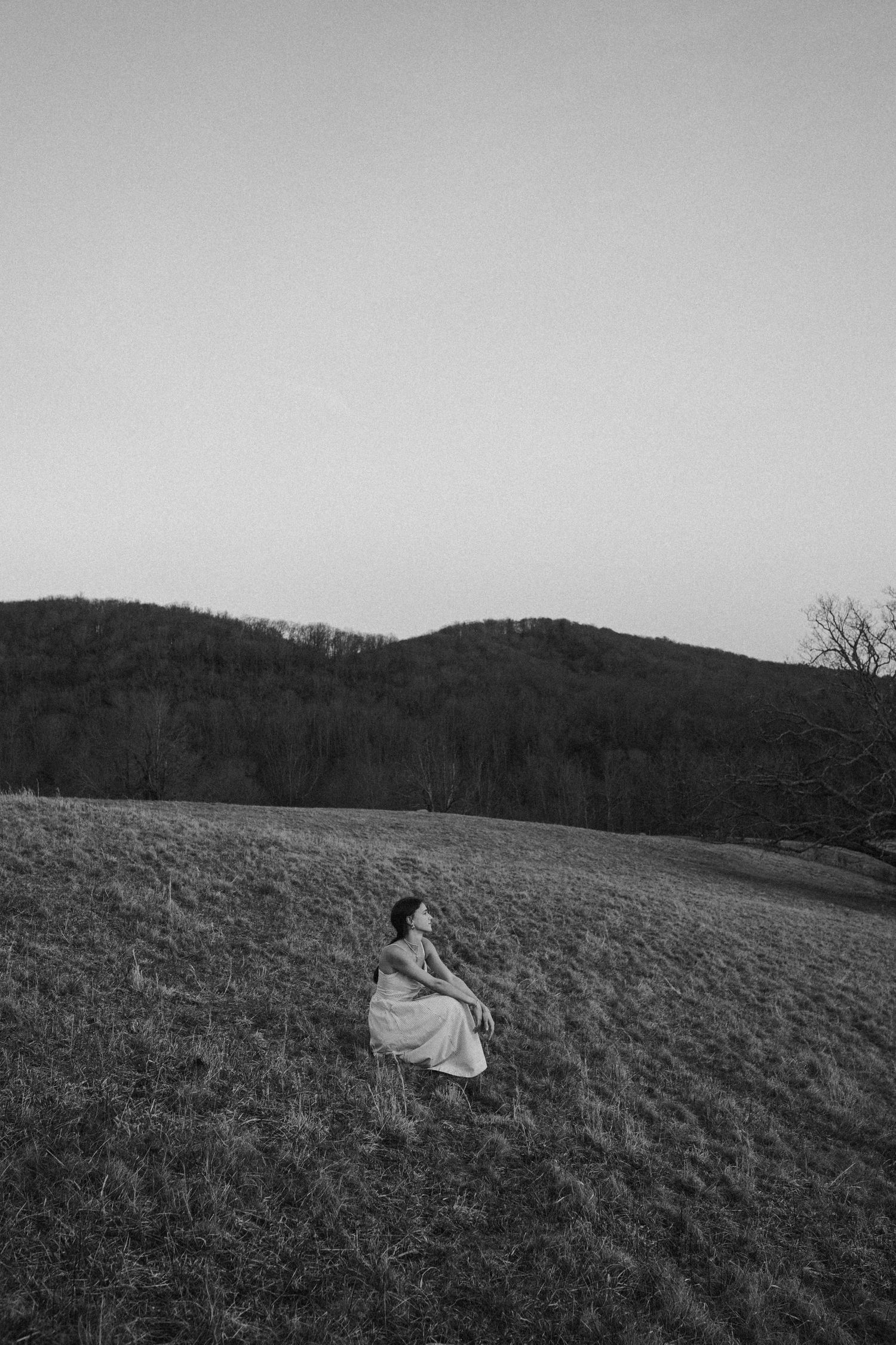 Black and white photograph showing a quiet moment on a hillside meadow.