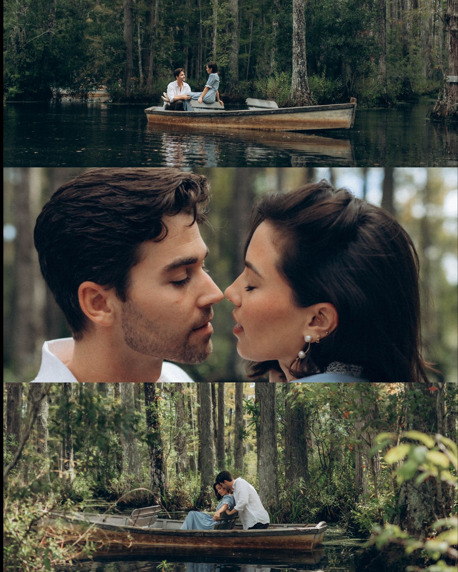 A romantic boat scene with golden light filtering through trees.