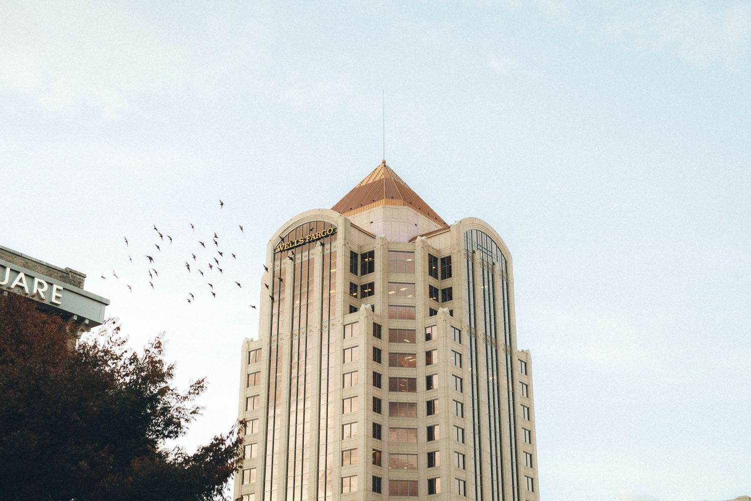 Modern apartment building towers against a blue sky with birds flying overhead.