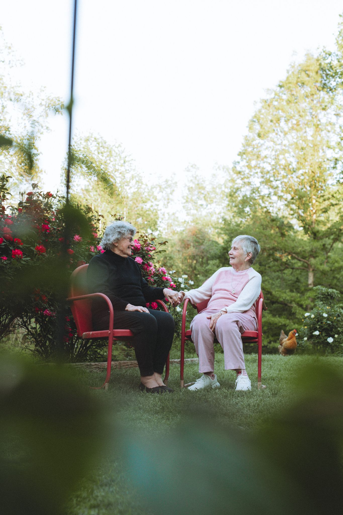 Two people share a heartfelt conversation while sitting in red chairs among blooming garden flowers.