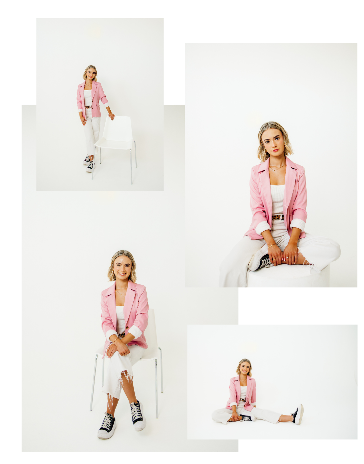 Fashion model in white dress and pink blazer poses while sitting and standing in modern studio setting with shopping bags.