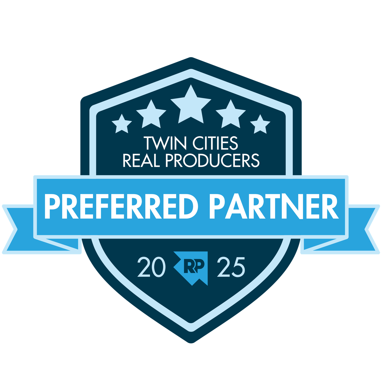 Twin Cities Real Producers Preferred Partner badge with blue ribbon banner and five stars on navy shield for 2025.