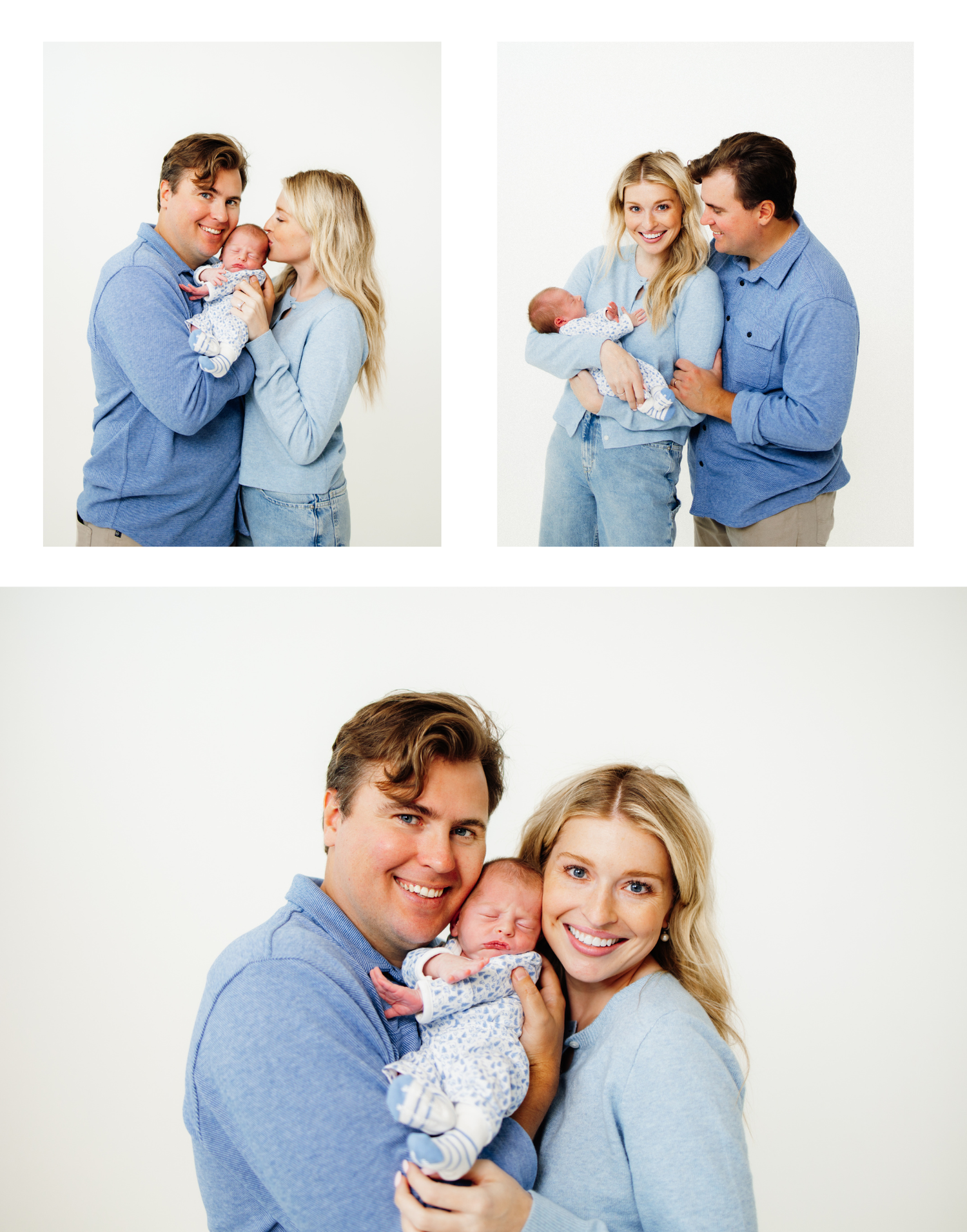 Three heartwarming family portraits showing tender moments between parents and their newborn baby in blue and gray outfits.