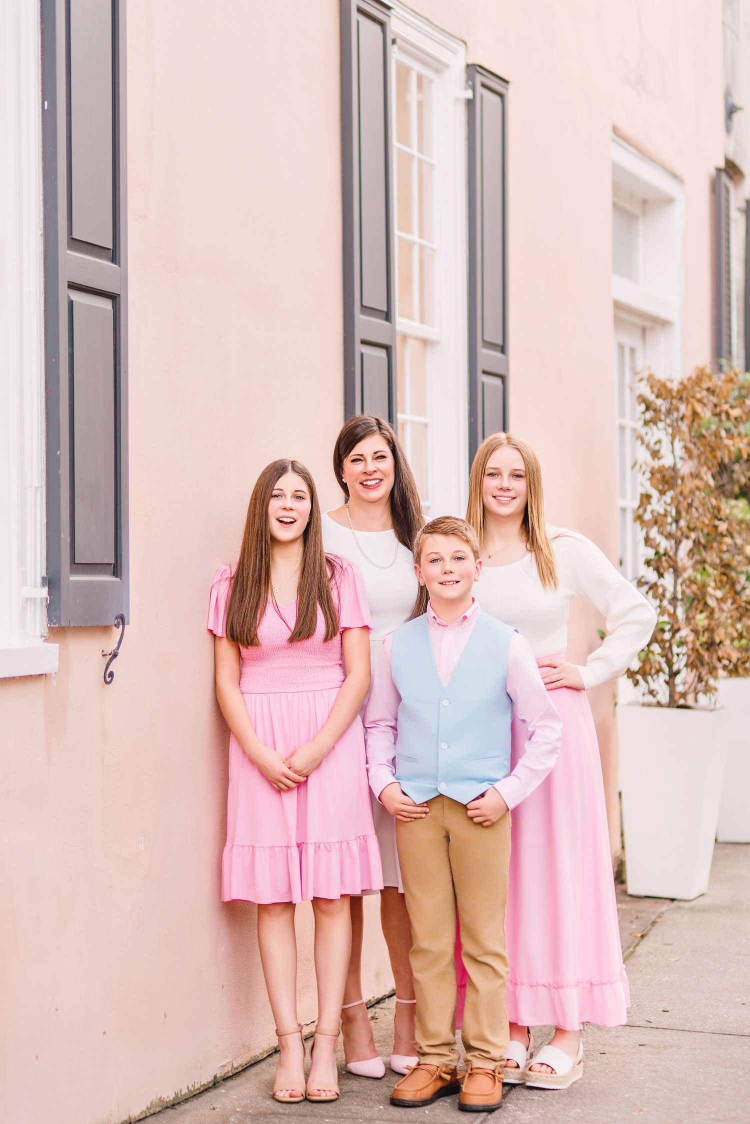 Family portrait session in Charleston South Carolina with parents and children, light-filled timeless heirloom photography
