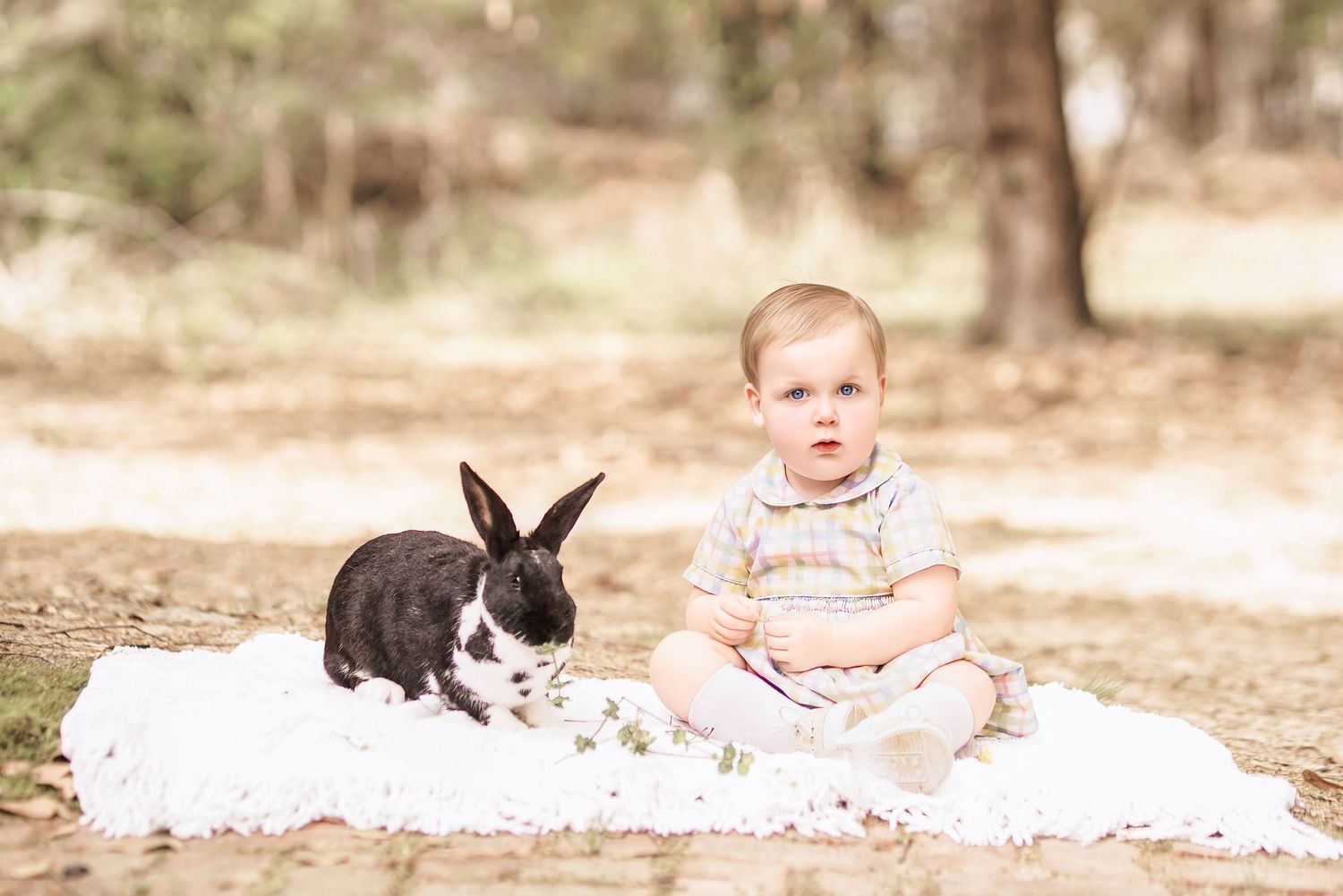 Child interacting with bunny during portrait session in South Carolina, soft natural light, whimsical heirloom style