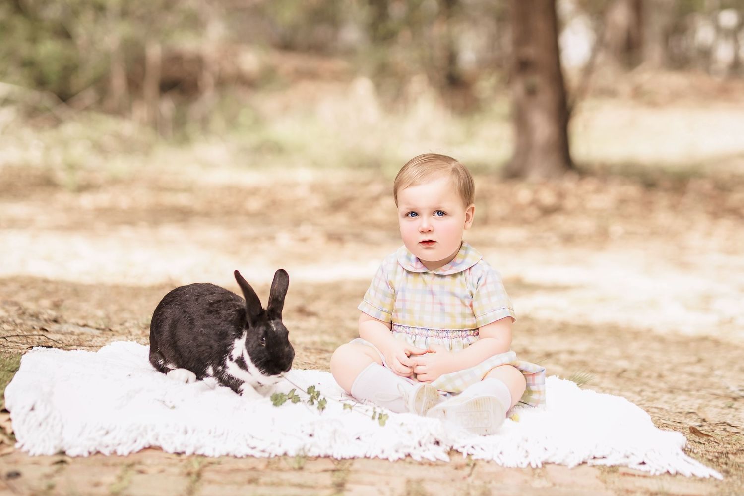 Child interacting with bunny during portrait session in South Carolina, soft natural light, whimsical heirloom style