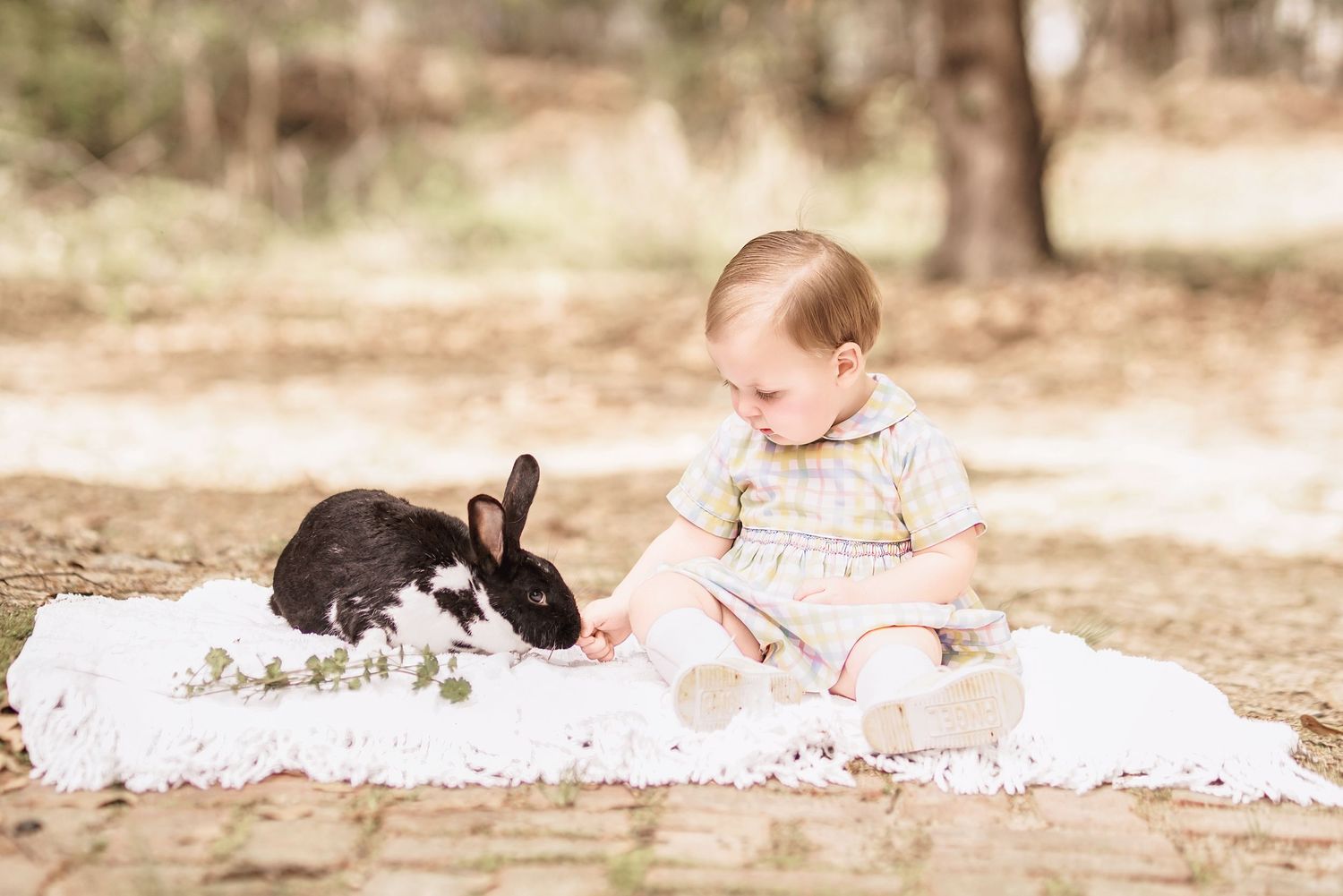 Child interacting with bunny during portrait session in South Carolina, soft natural light, whimsical heirloom style