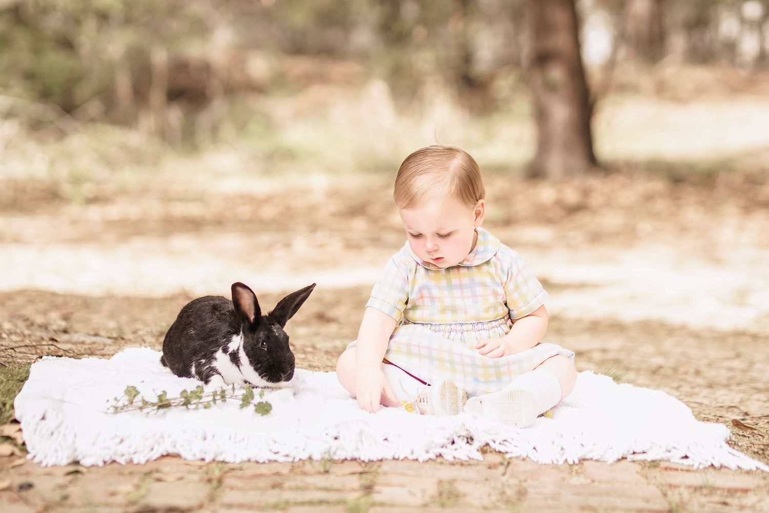 Child interacting with bunny during portrait session in South Carolina, soft natural light, whimsical heirloom style