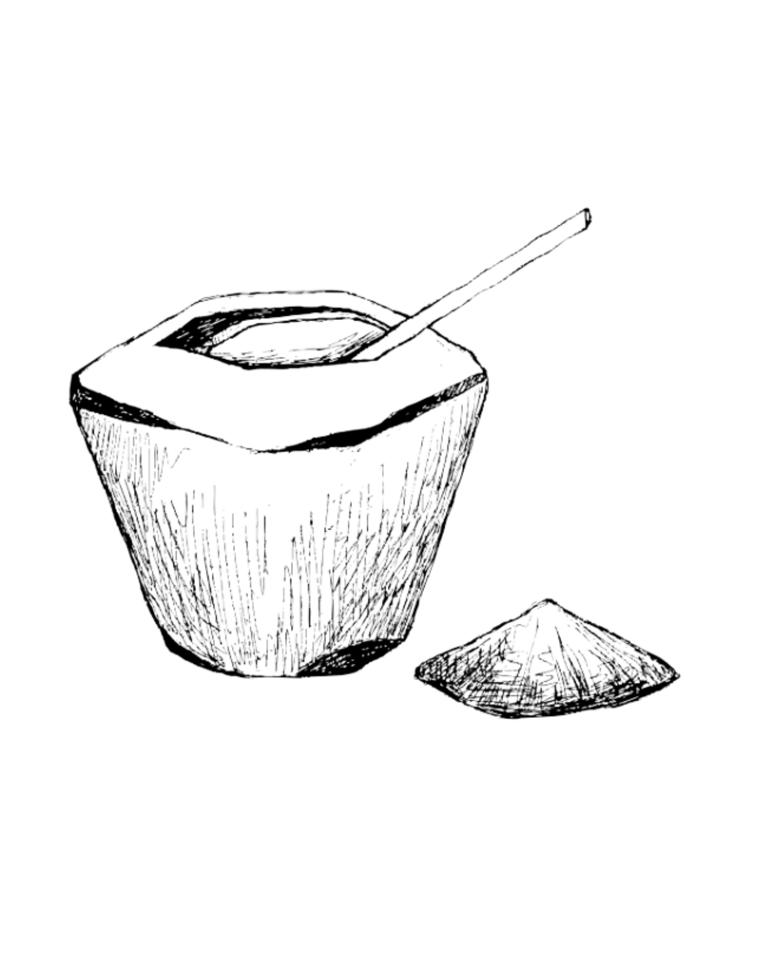 Hand-drawn black and white sketch of a sugar bowl with measurement spoon on dark background.