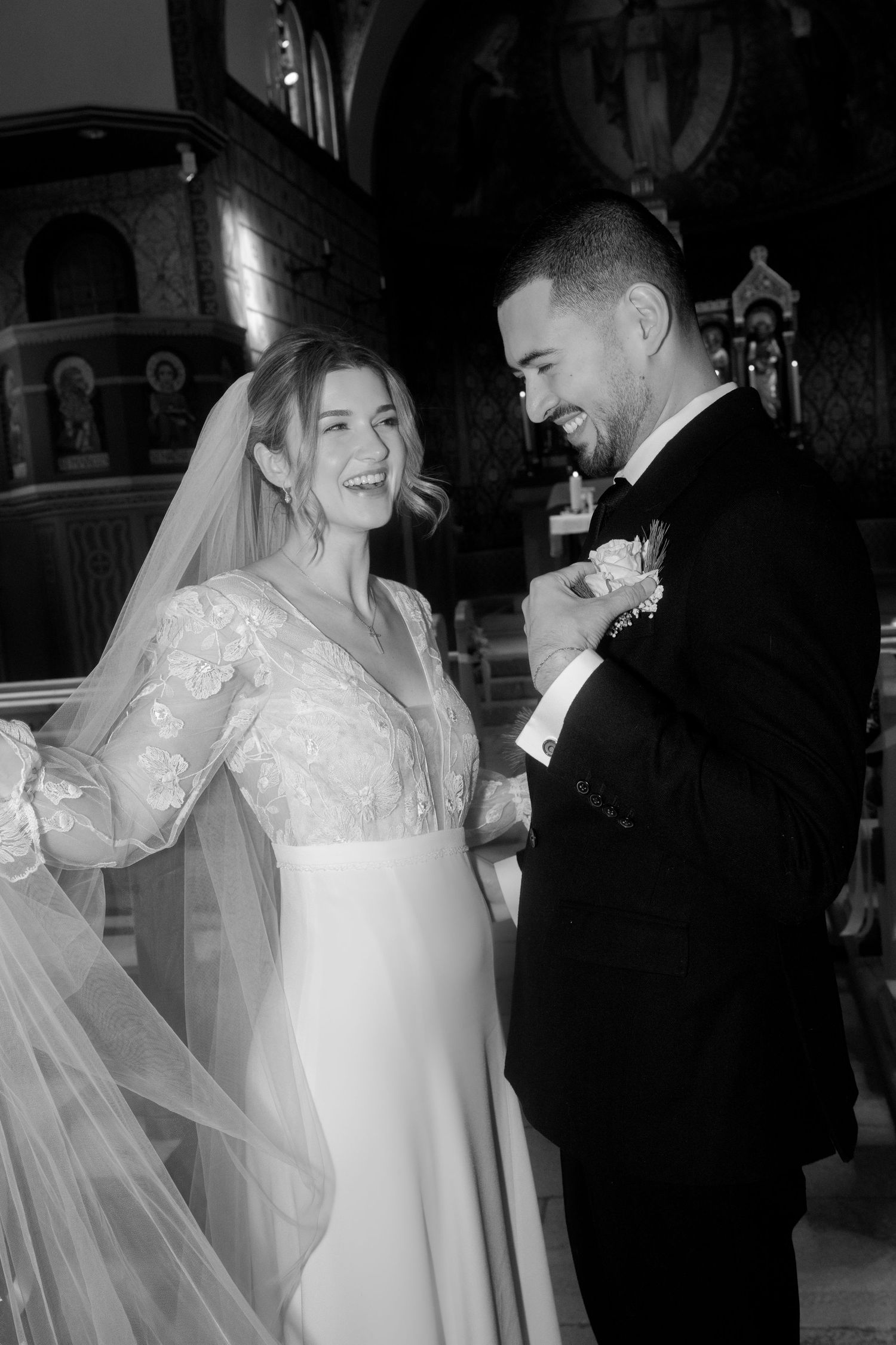 A black and white wedding photo sequence showing tender moments between a bride and groom during their ceremony.
