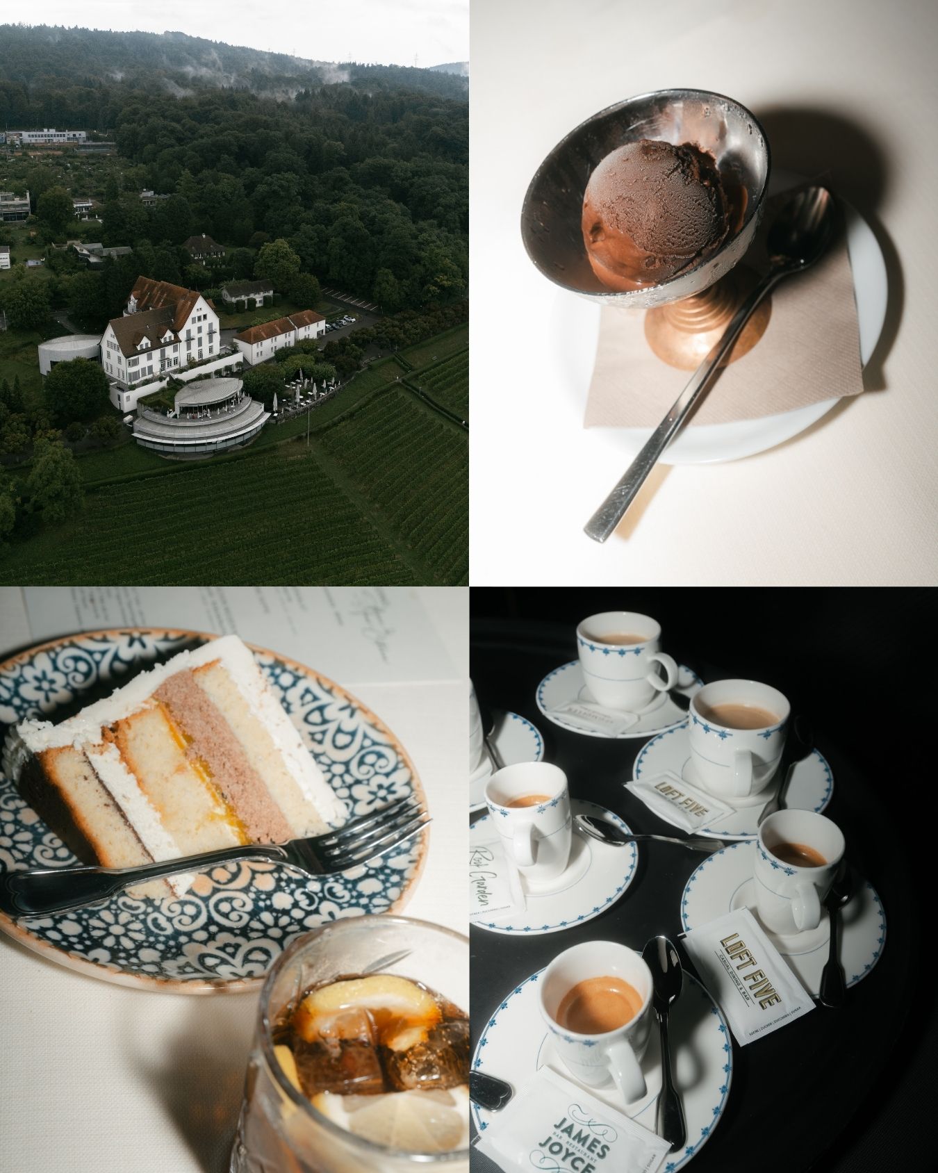 Aerial view of elegant colonial estate amid lush tea plantations, with dessert, layered cake, iced coffee, and espresso cups.