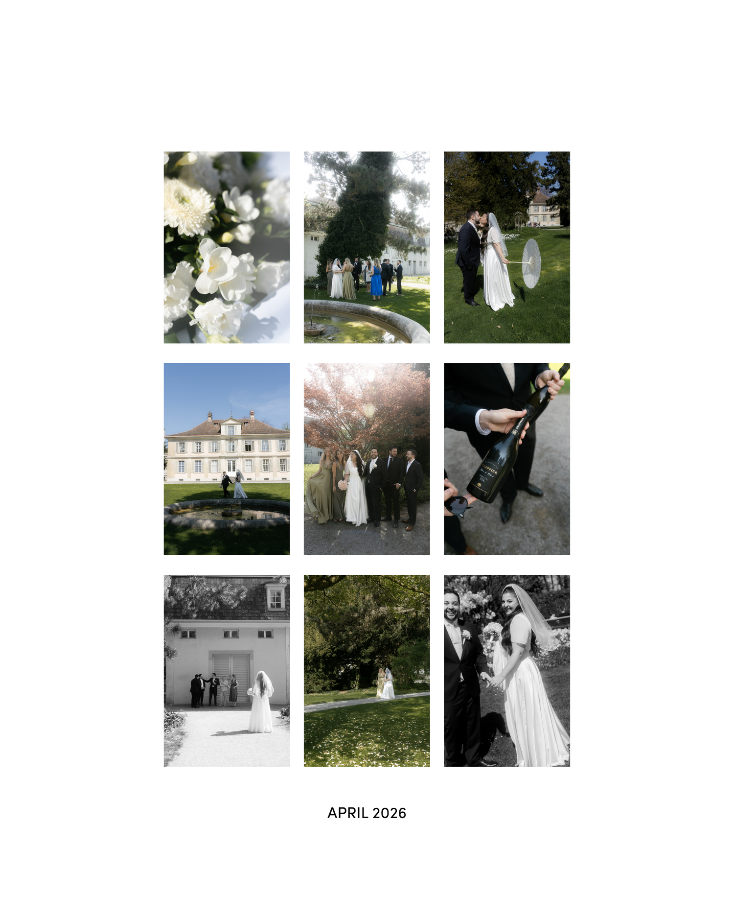 A wedding photo collage featuring nine images from an April 2026 ceremony, including floral details, couples, and guests.