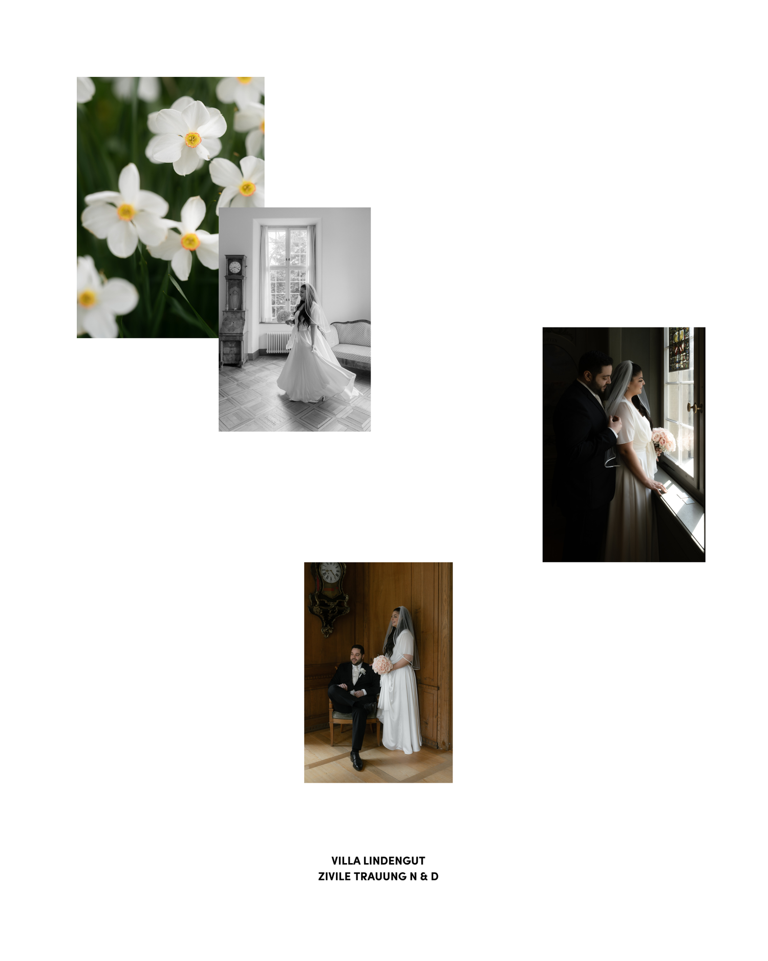 Elegant wedding photos collage featuring white flowers, a bride in a flowing gown, and romantic couple portraits at Villa Lindengut.