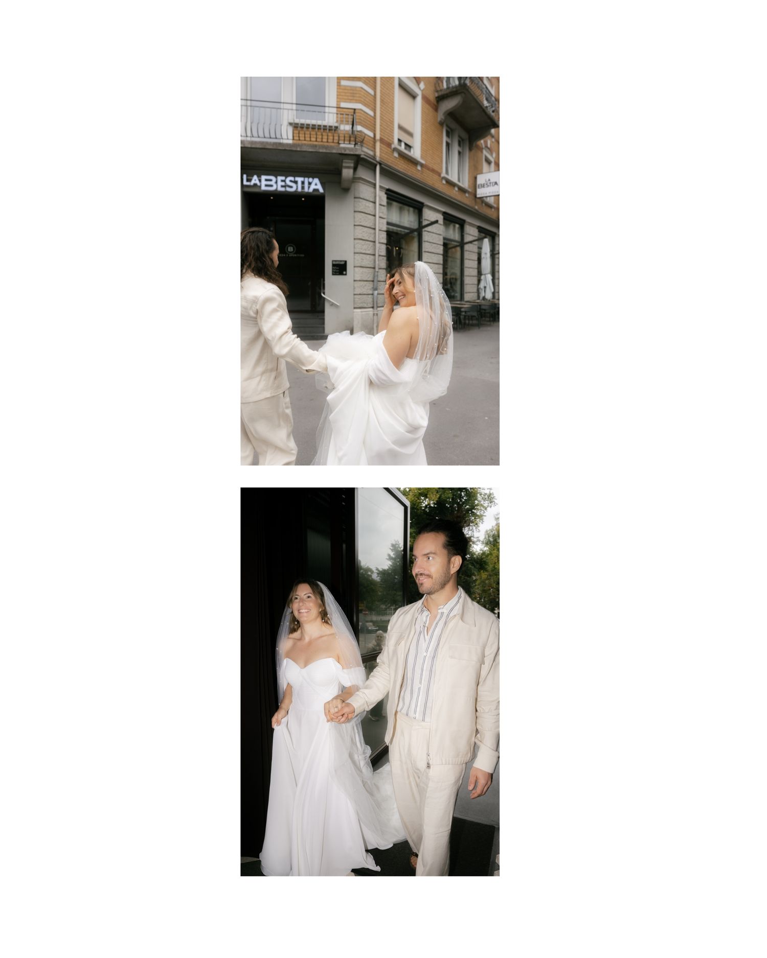 A couple in elegant wedding attire poses together on a city street with brick buildings in the background. Wedding Photographer Luzern
