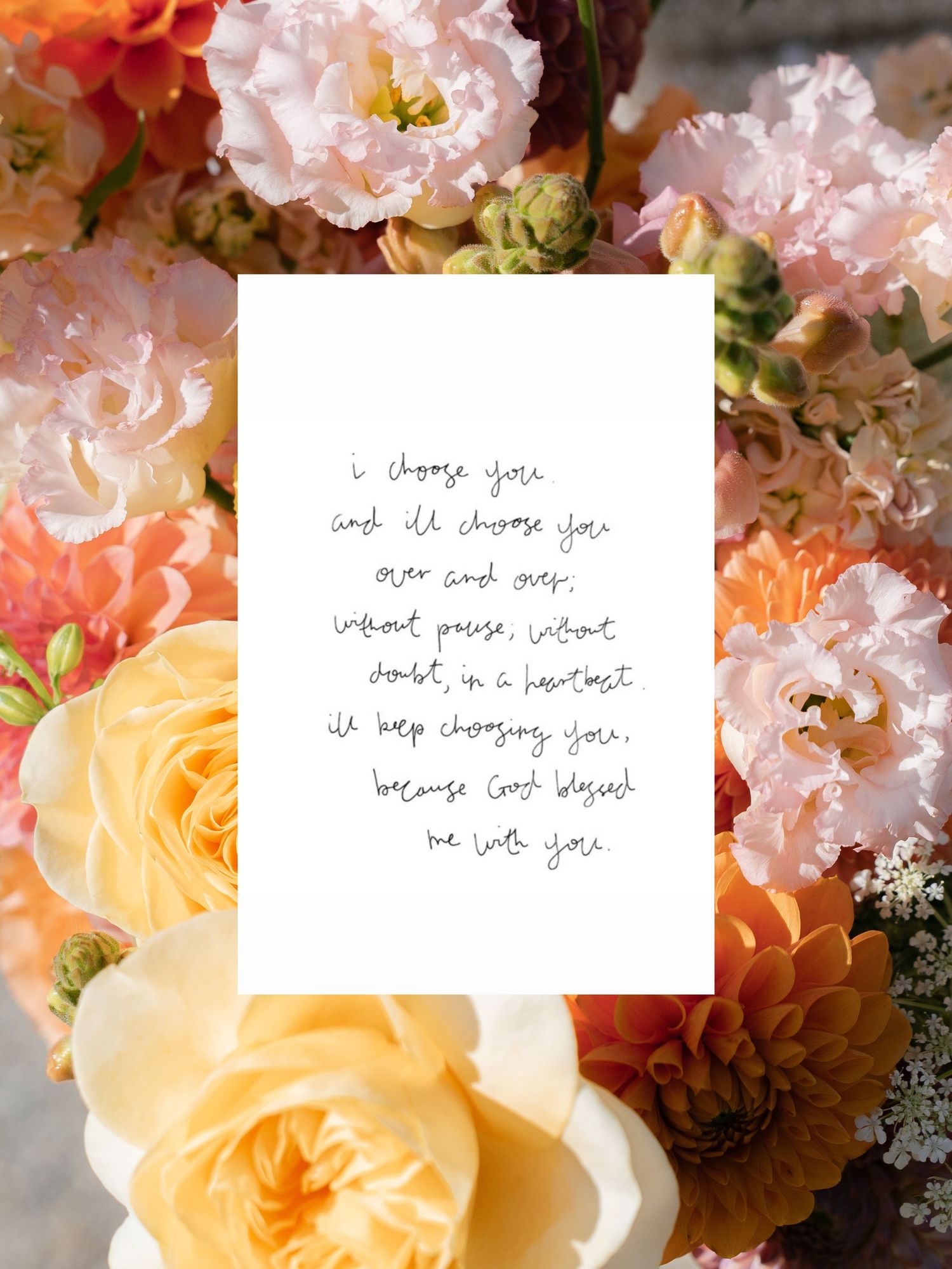 Delicate floral arrangement featuring soft pink and peach roses with handwritten notes on white paper cards.