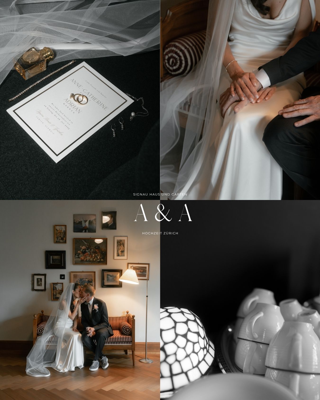 Elegant wedding collage featuring invitation, couple holding hands, bride and groom on sofa, and decorative white ceramic jars.
