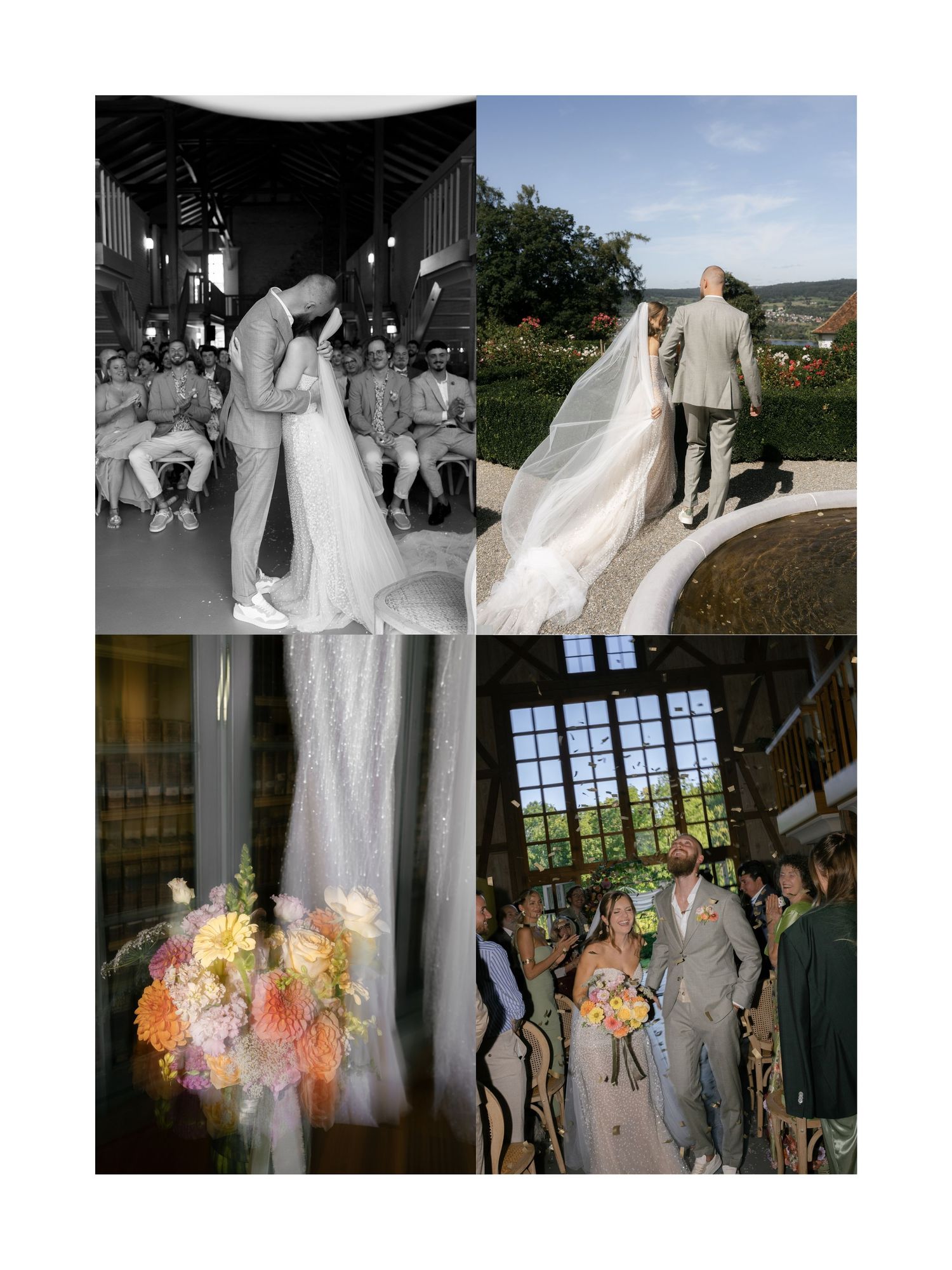 A collection of wedding photos showing couples dancing and celebrating in elegant white attire at an outdoor venue.