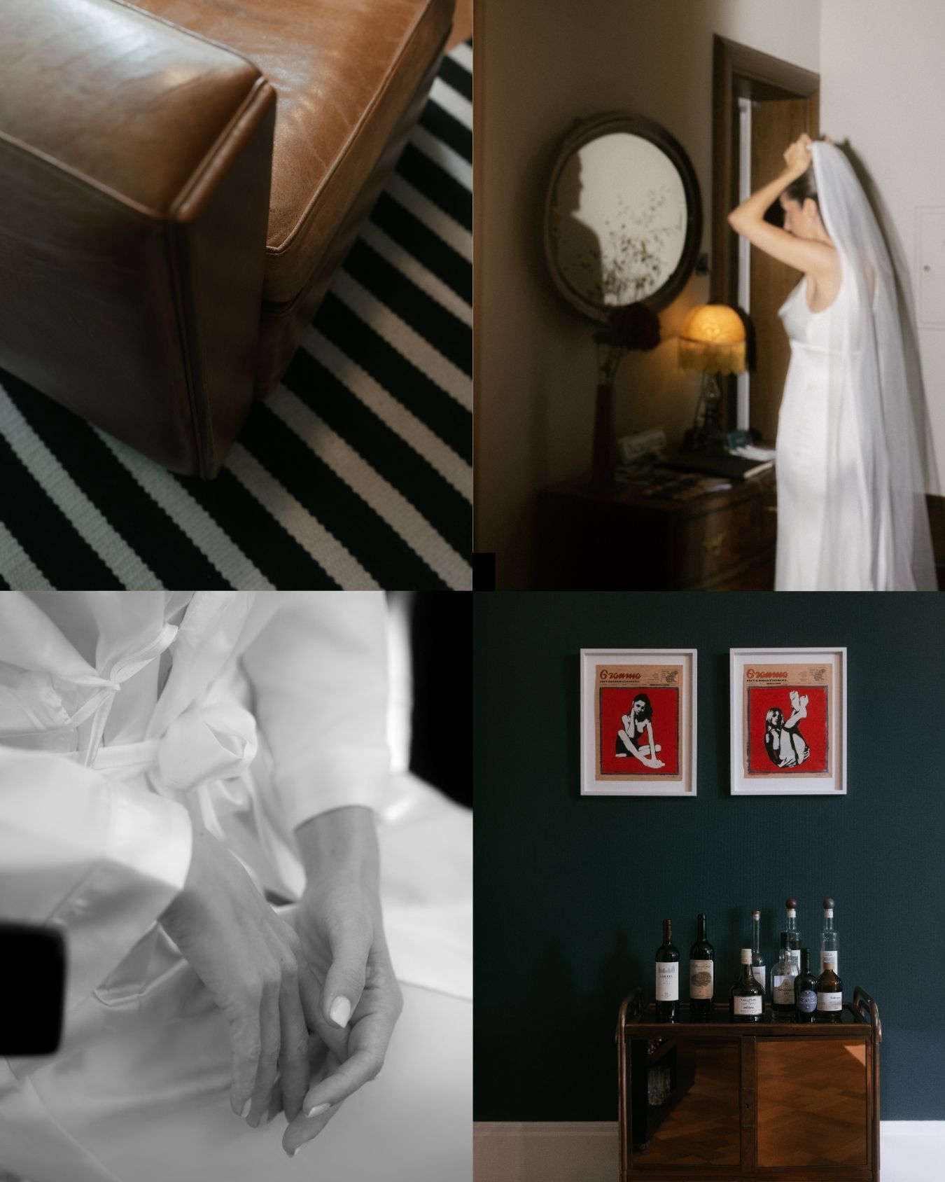 A wedding day collage featuring a leather sofa, bride in veil, groom buttoning shirt, and wine bottles beside framed art.