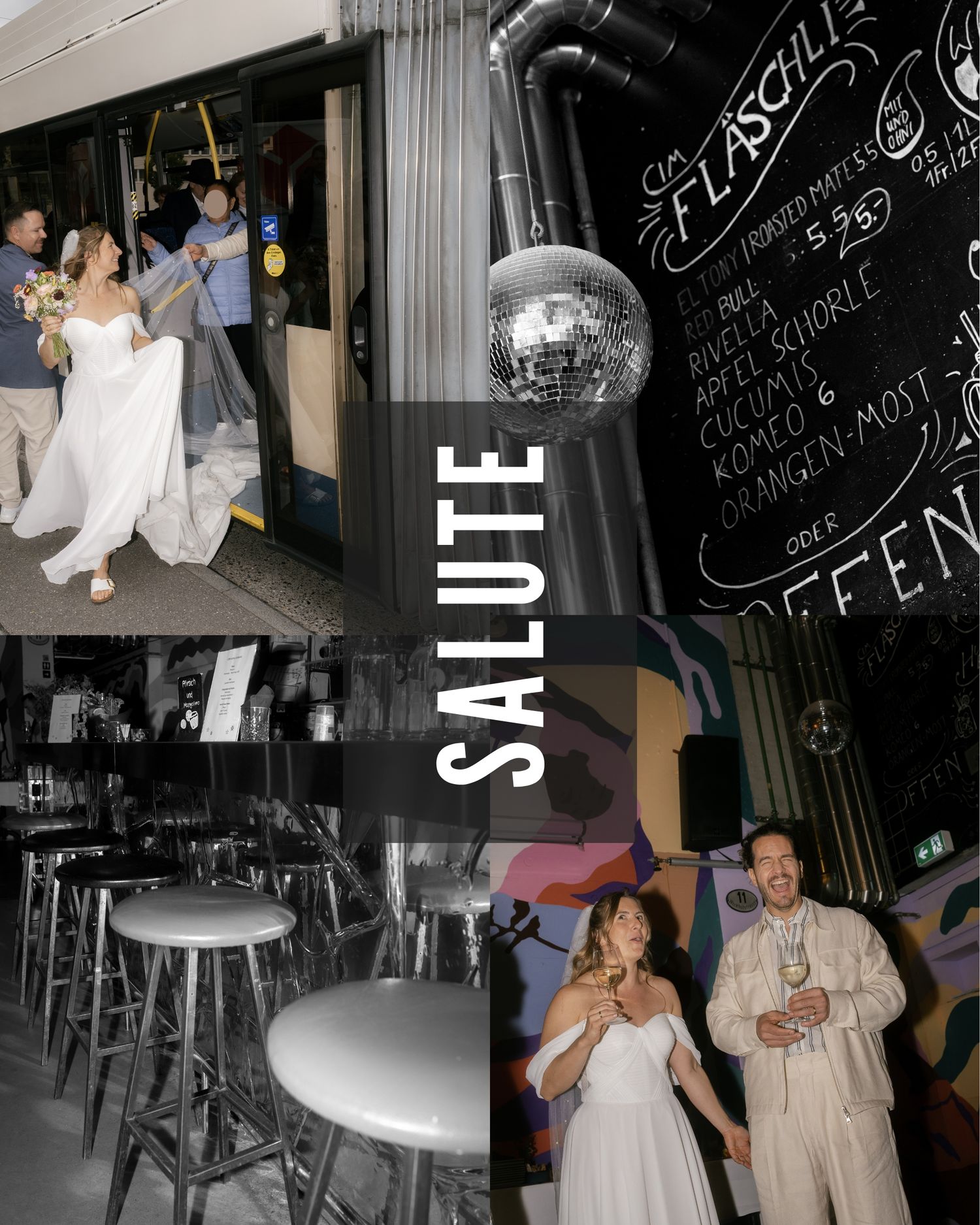 A black and white collage of a wedding celebration featuring a disco ball, bar stools, and dancing at a venue.