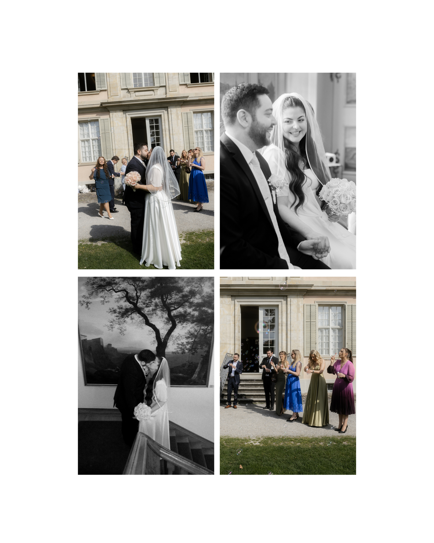 A bride and groom share a romantic wedding moment outdoors, with guests in blue dresses nearby a grand estate.