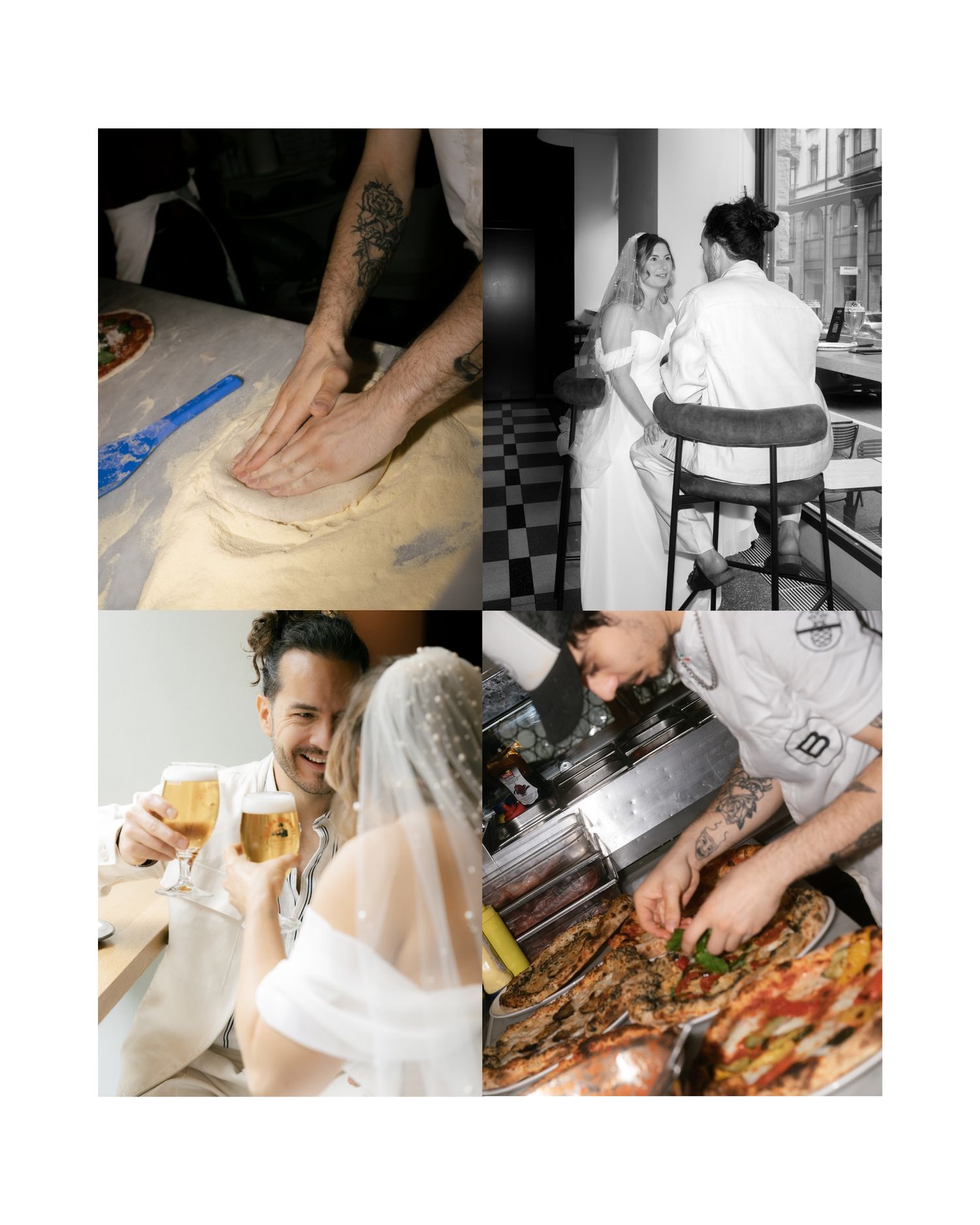 A collage of food service and dining scenes showing meal preparation, restaurant service, and celebratory moments. Wedding Photography