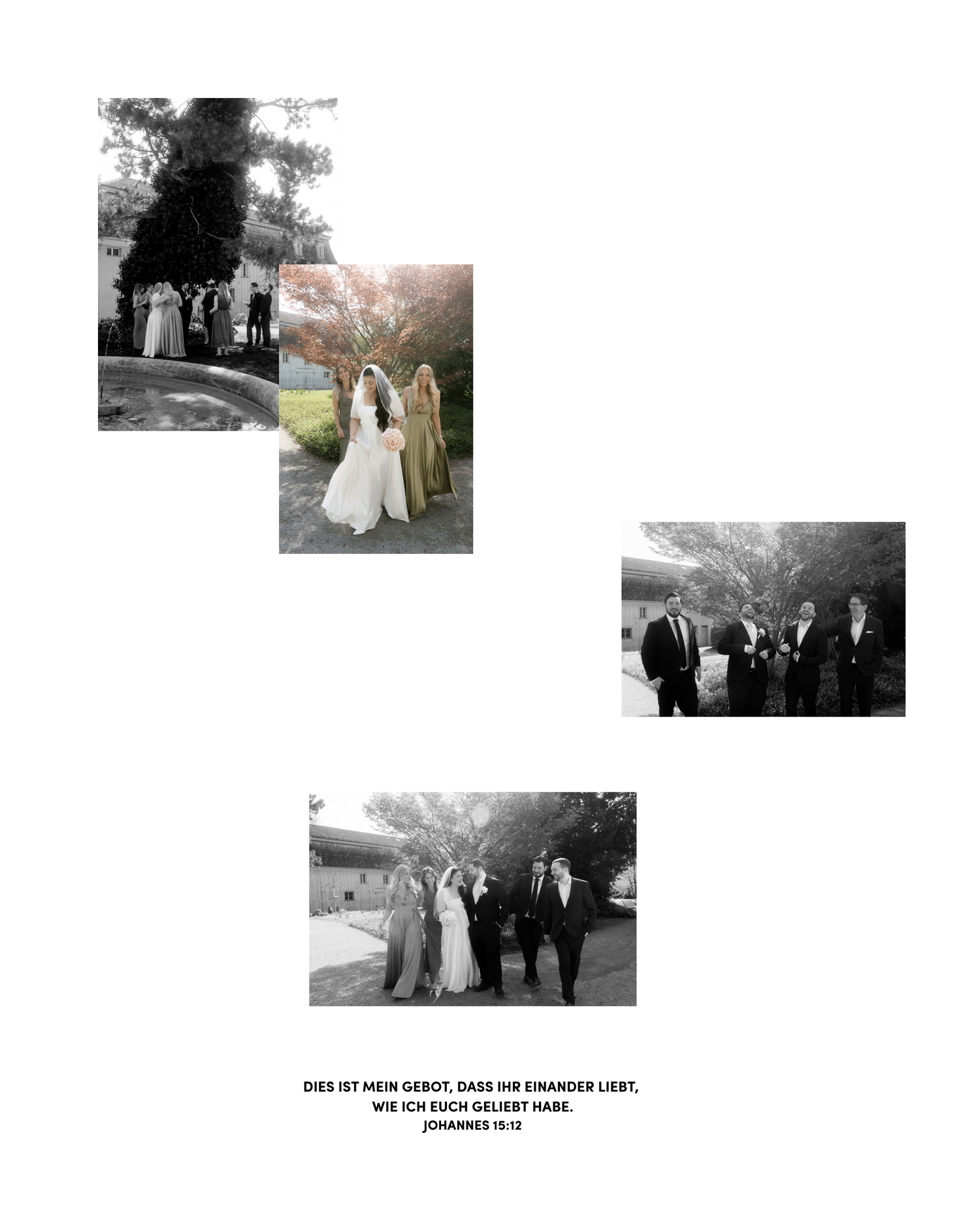 Black and white wedding photo collage featuring bride, groom, and wedding party outdoors with German Bible verse caption.