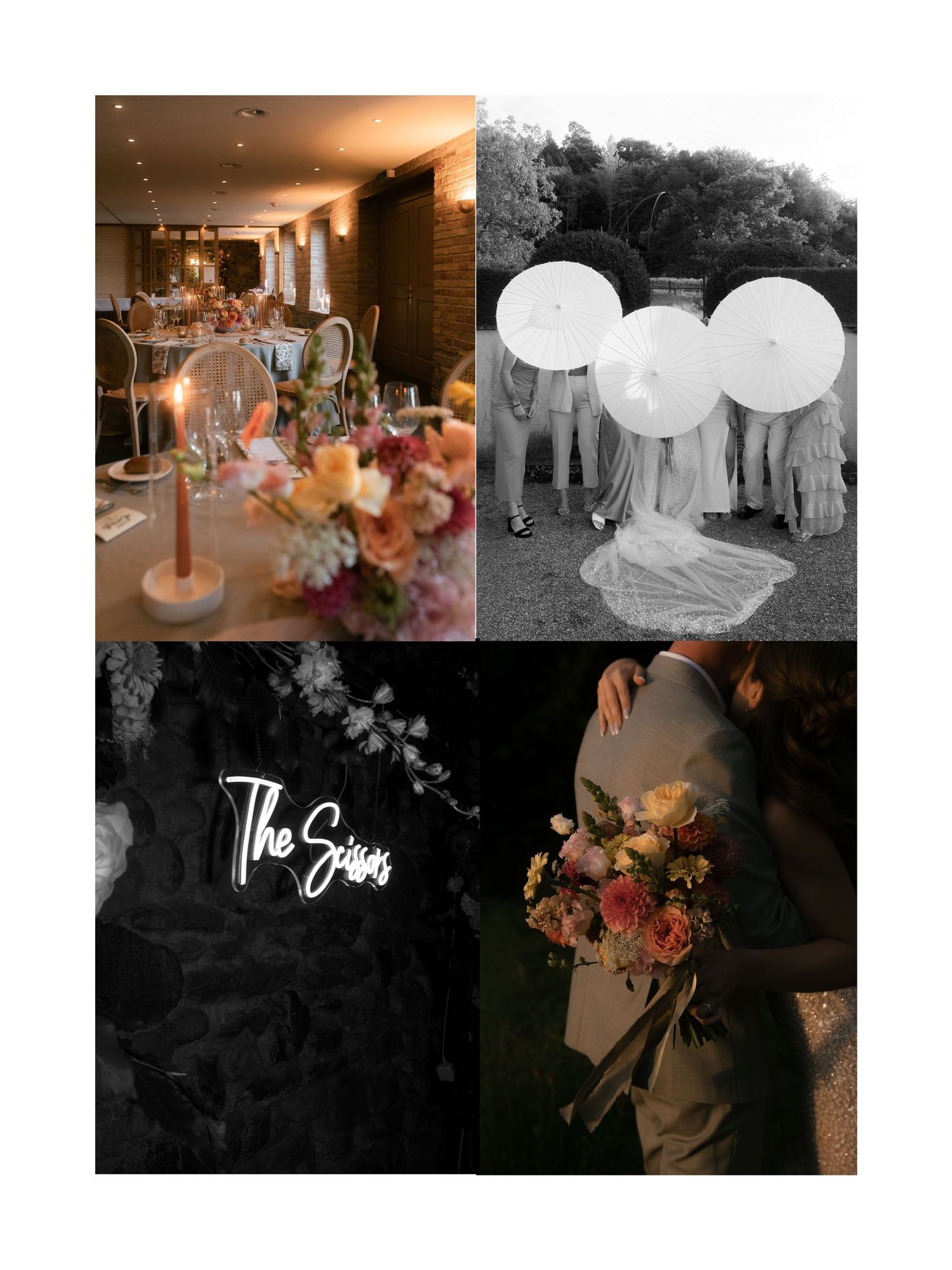 A collage of wedding reception photos showing floral centerpieces, ballroom decor, and candlelit table settings in warm tones.