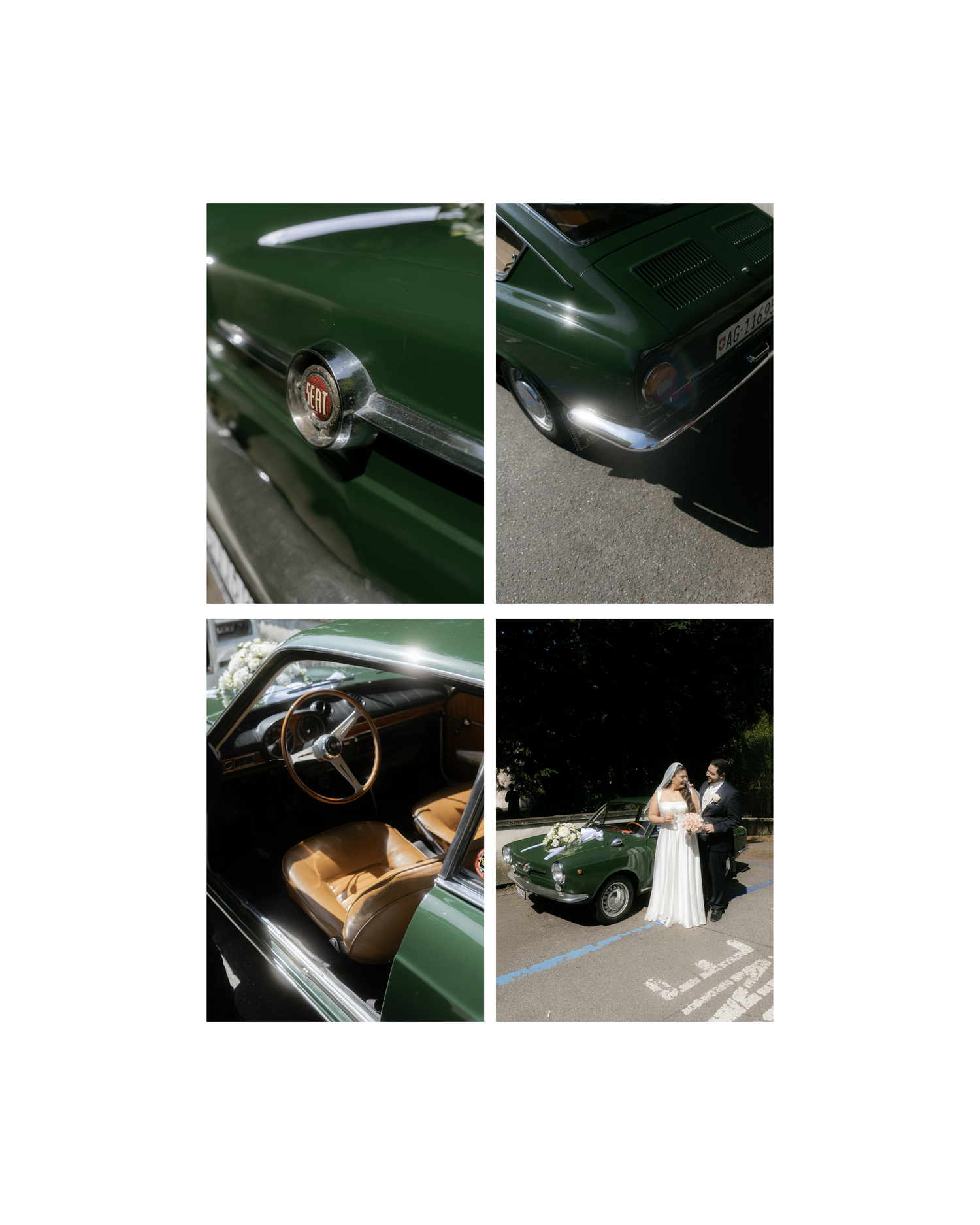 Vintage green classic car details and interior shown alongside a bride and groom posing beside the elegant vehicle at night.