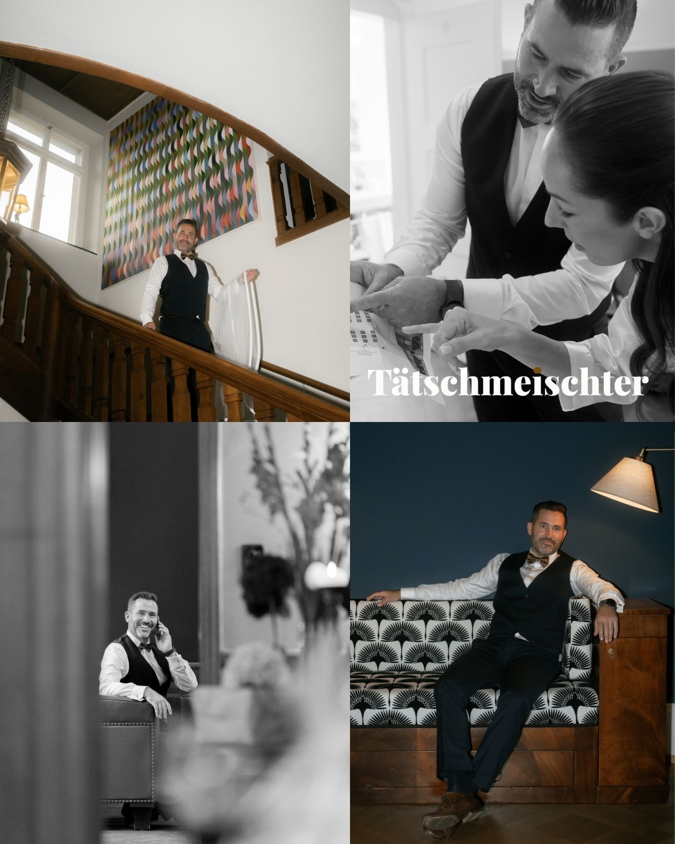 A groom in a black vest poses in four elegant settings, including a staircase, with a woman, and a vintage chair.