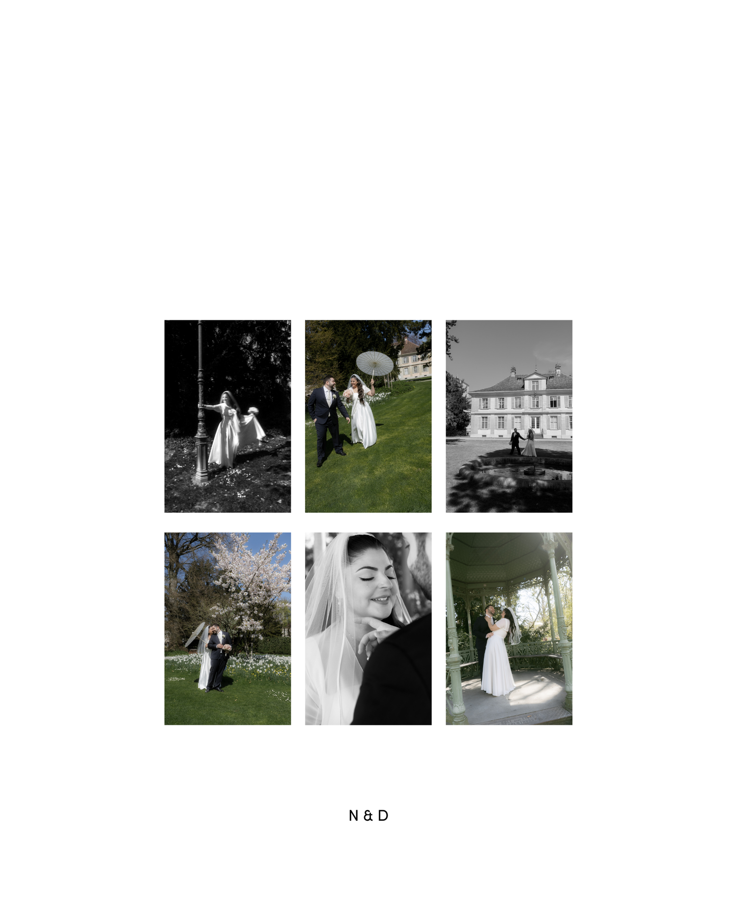 Elegant wedding photo collage featuring bride and groom in garden, historic mansion, and romantic portrait moments in black and white.