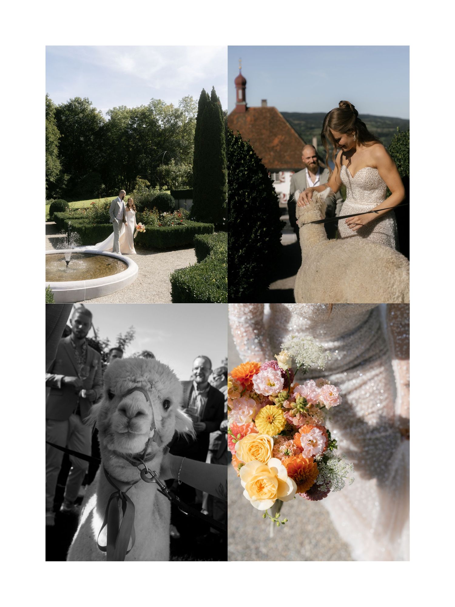 Wedding photography collage showing bouquets and outdoor venue details in color and black and white.