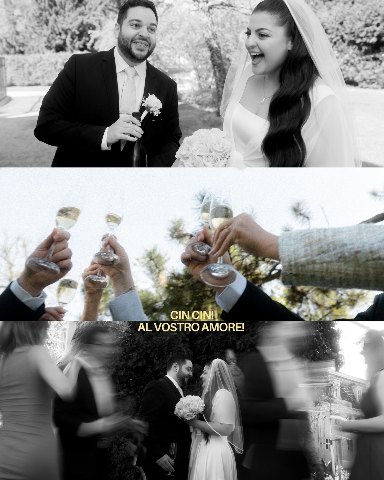 Black and white wedding collage featuring a joyful couple toasting with champagne and dancing guests at an outdoor Italian celebration.