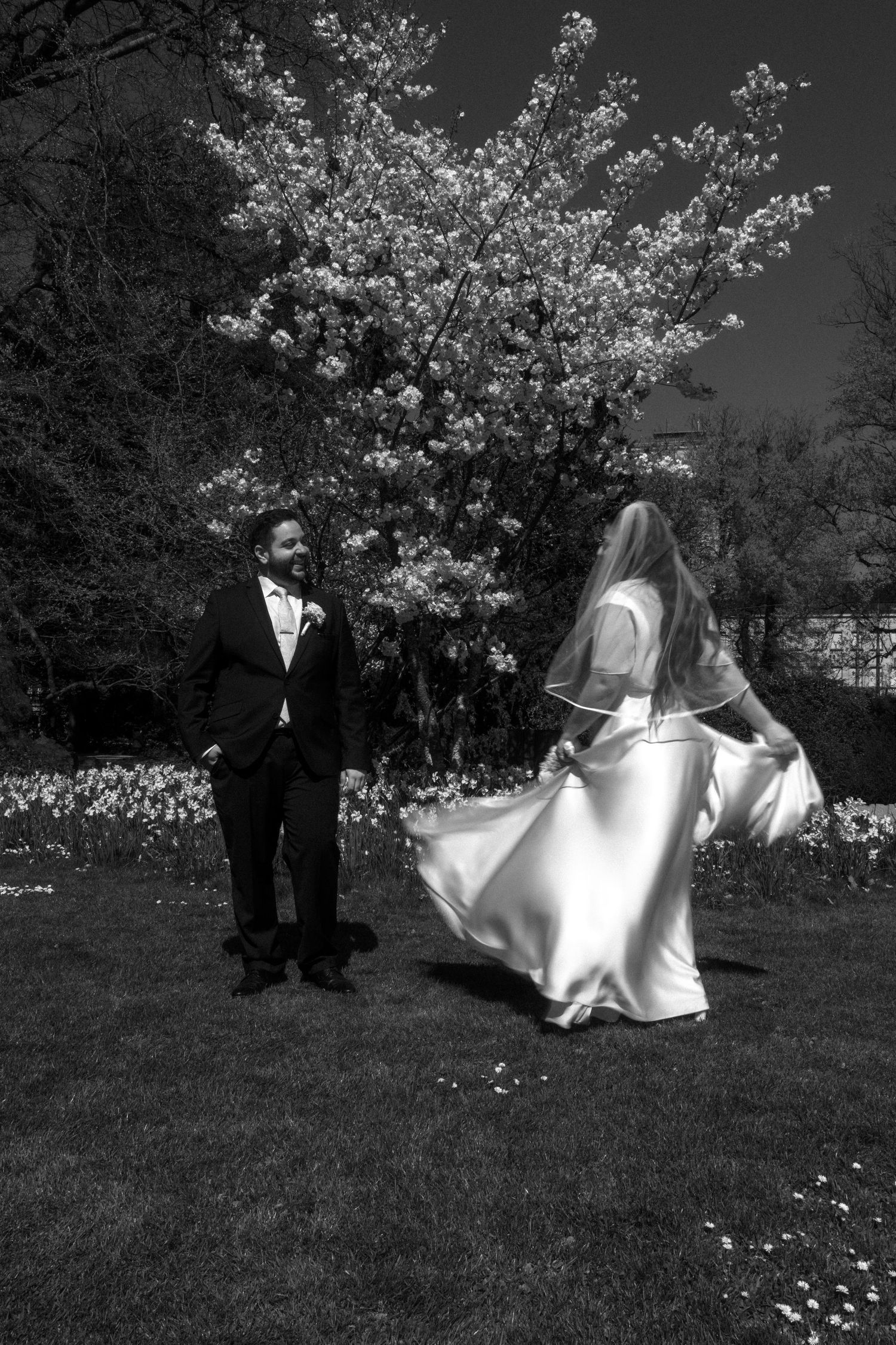 Black and white photo of bride twirling in wedding dress before groom in garden with blooming tree.