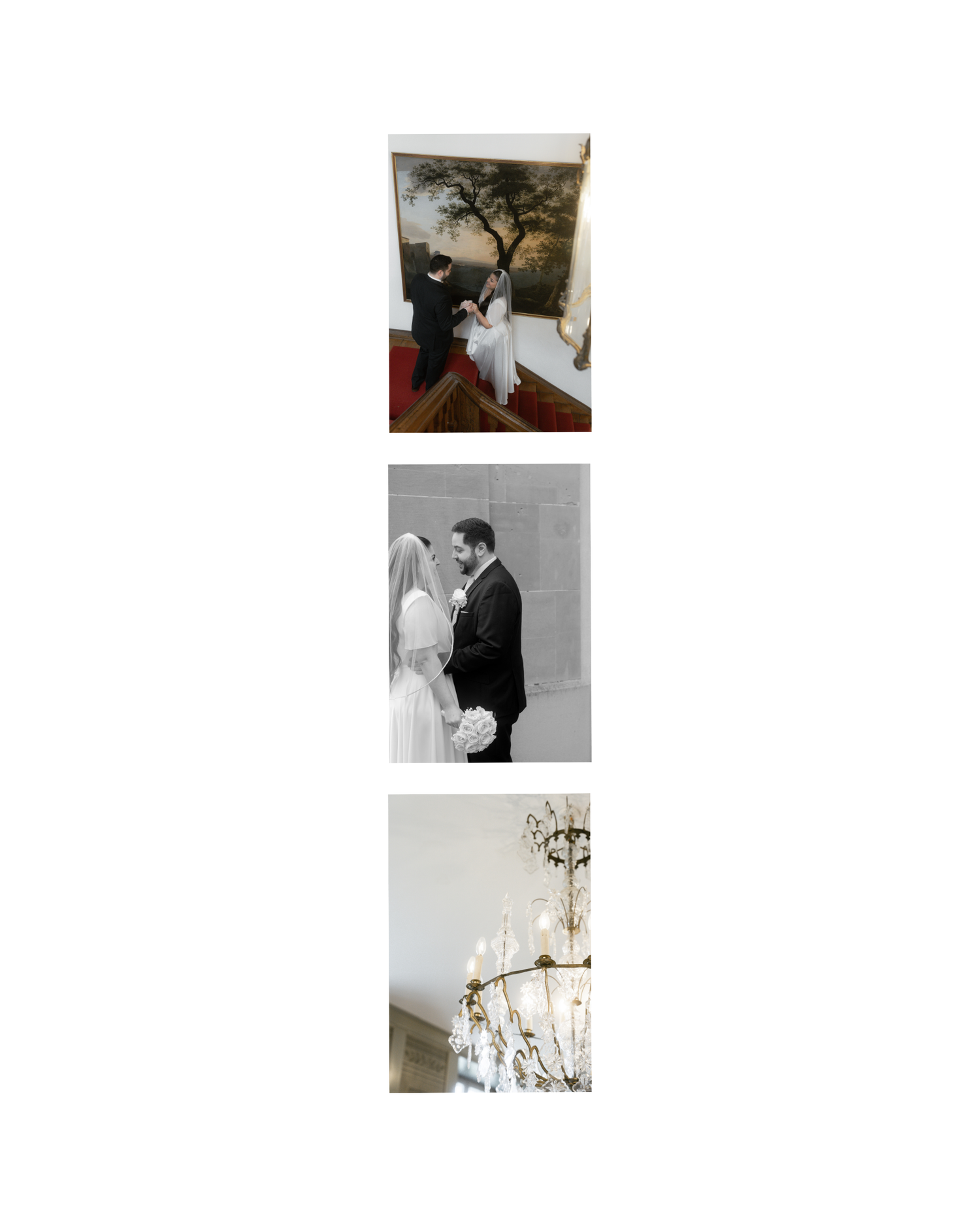 Elegant wedding ceremony with couple exchanging vows before a classic painting, bride in white gown holding bouquet.
