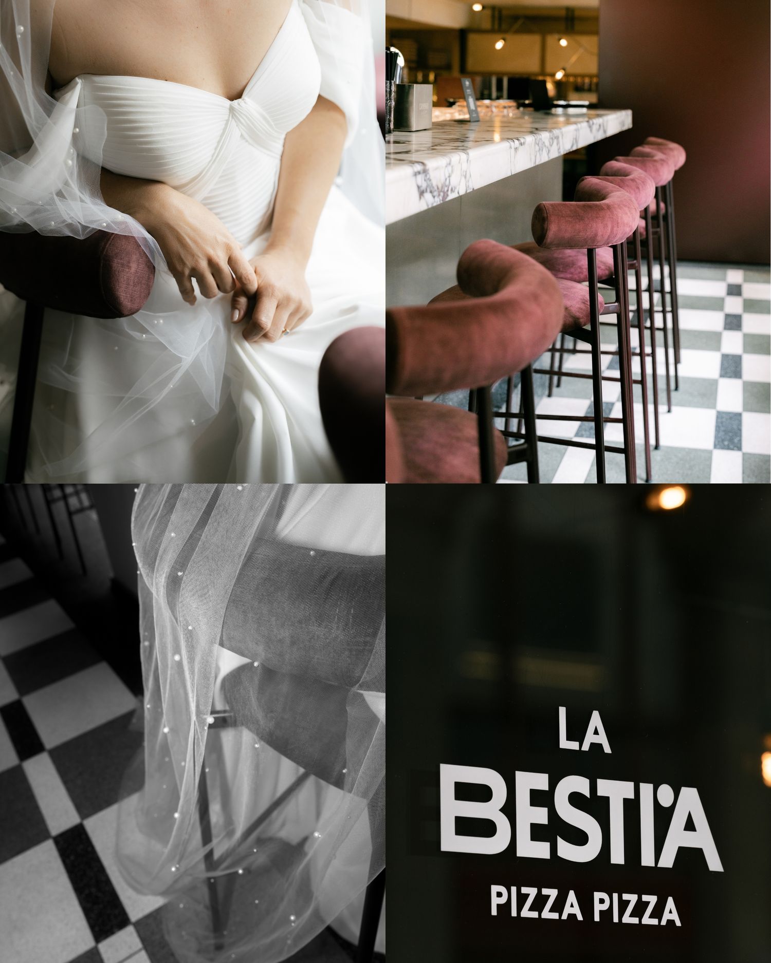 A series of black and white restaurant signs and interior shots showing checkered floors and bar seating areas. La Bestia Luzern