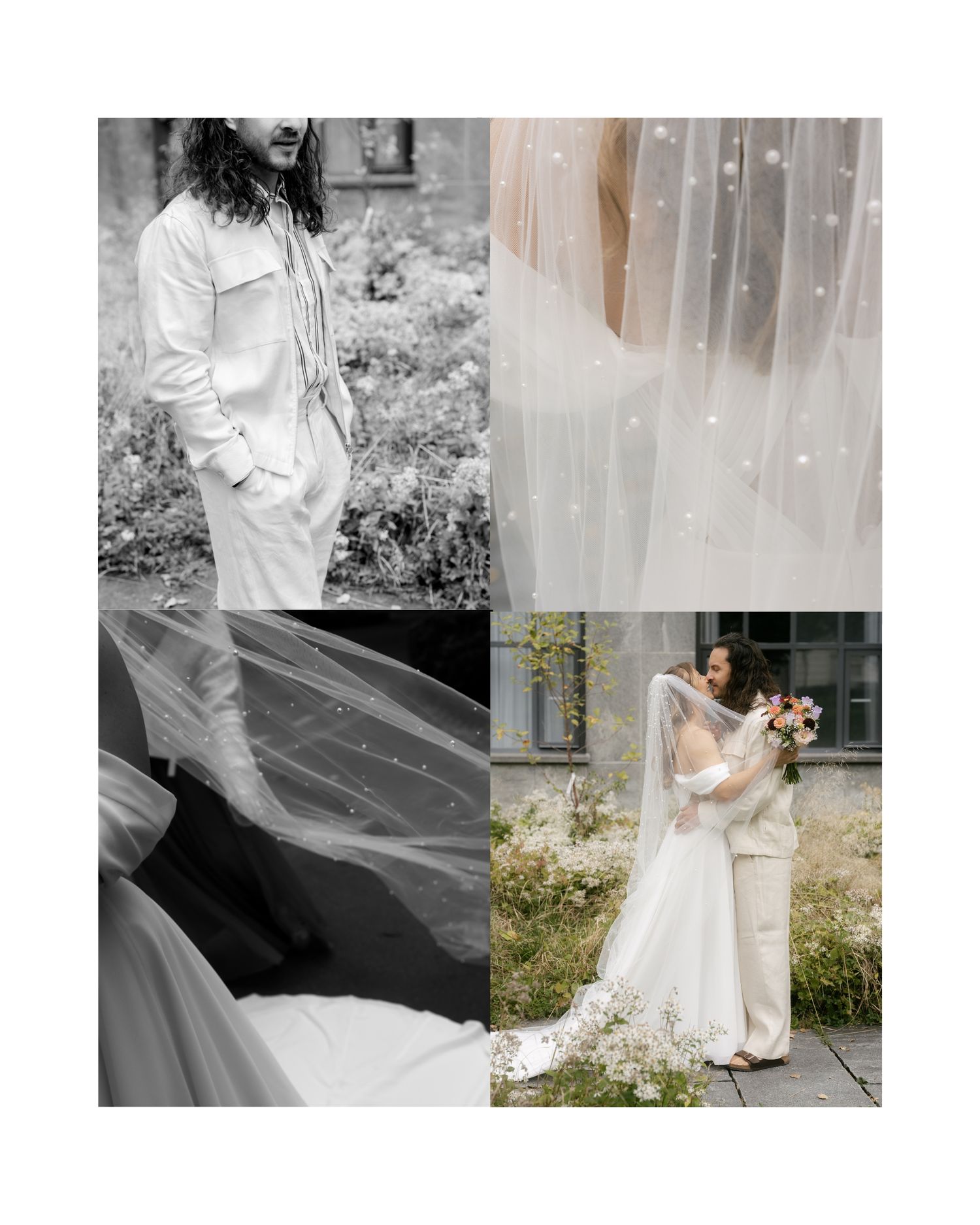 A romantic wedding photoshoot featuring a couple in elegant white attire posing together in an outdoor garden setting. Luzern