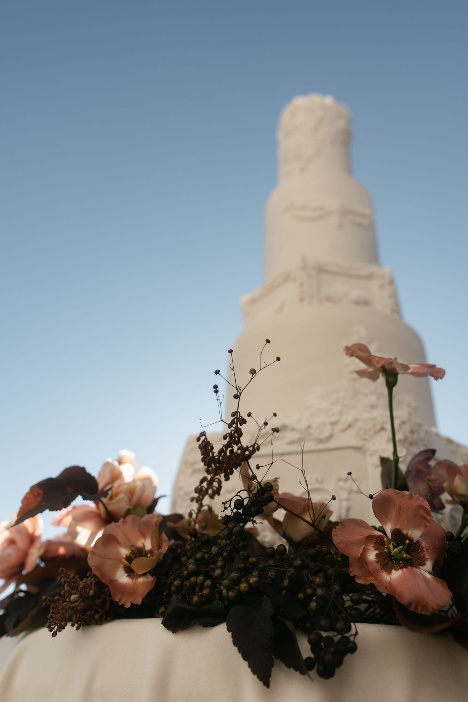 White tiered wedding cake adorned with pink flowers and dark berries, with a blurred monument against blue sky backdrop.