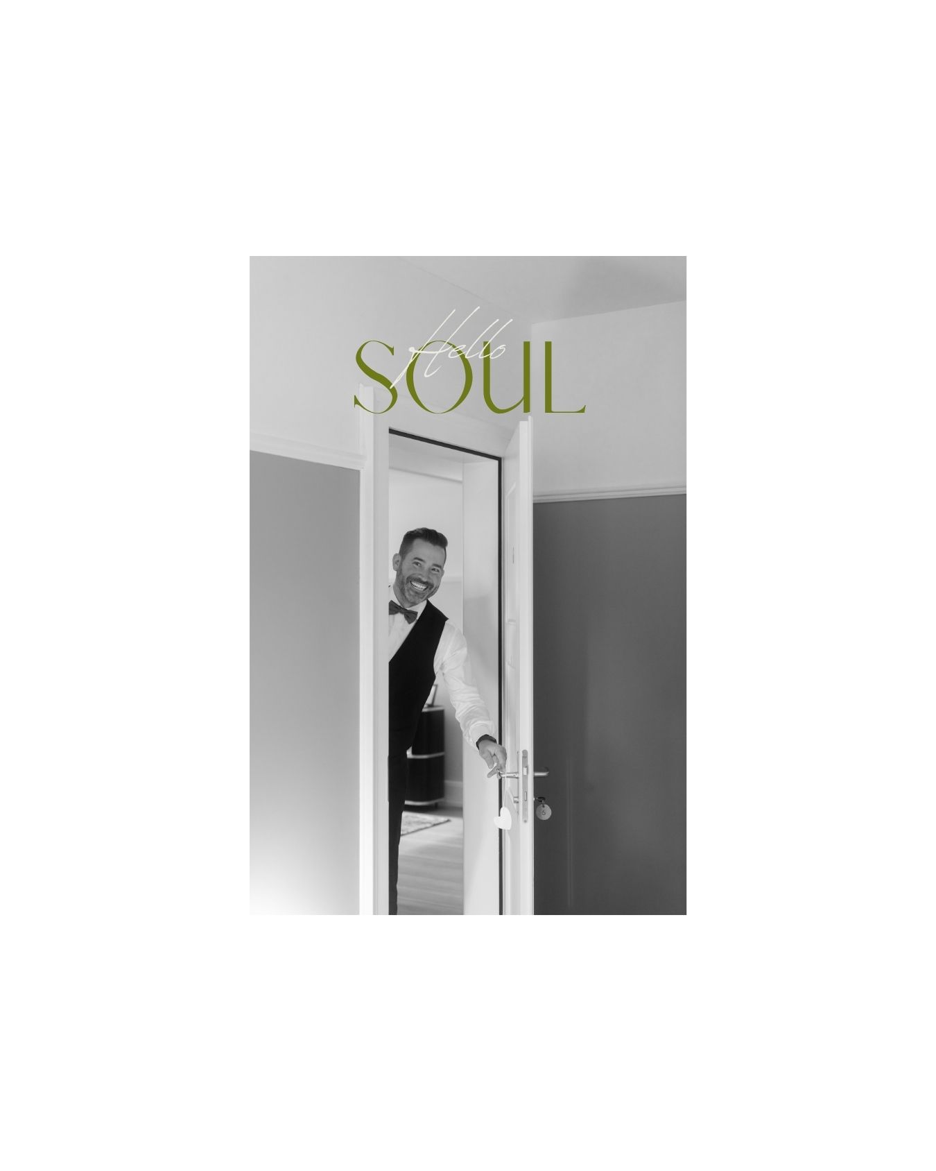 Man in formal attire peeks through a white door, with green Soul text overlay above.