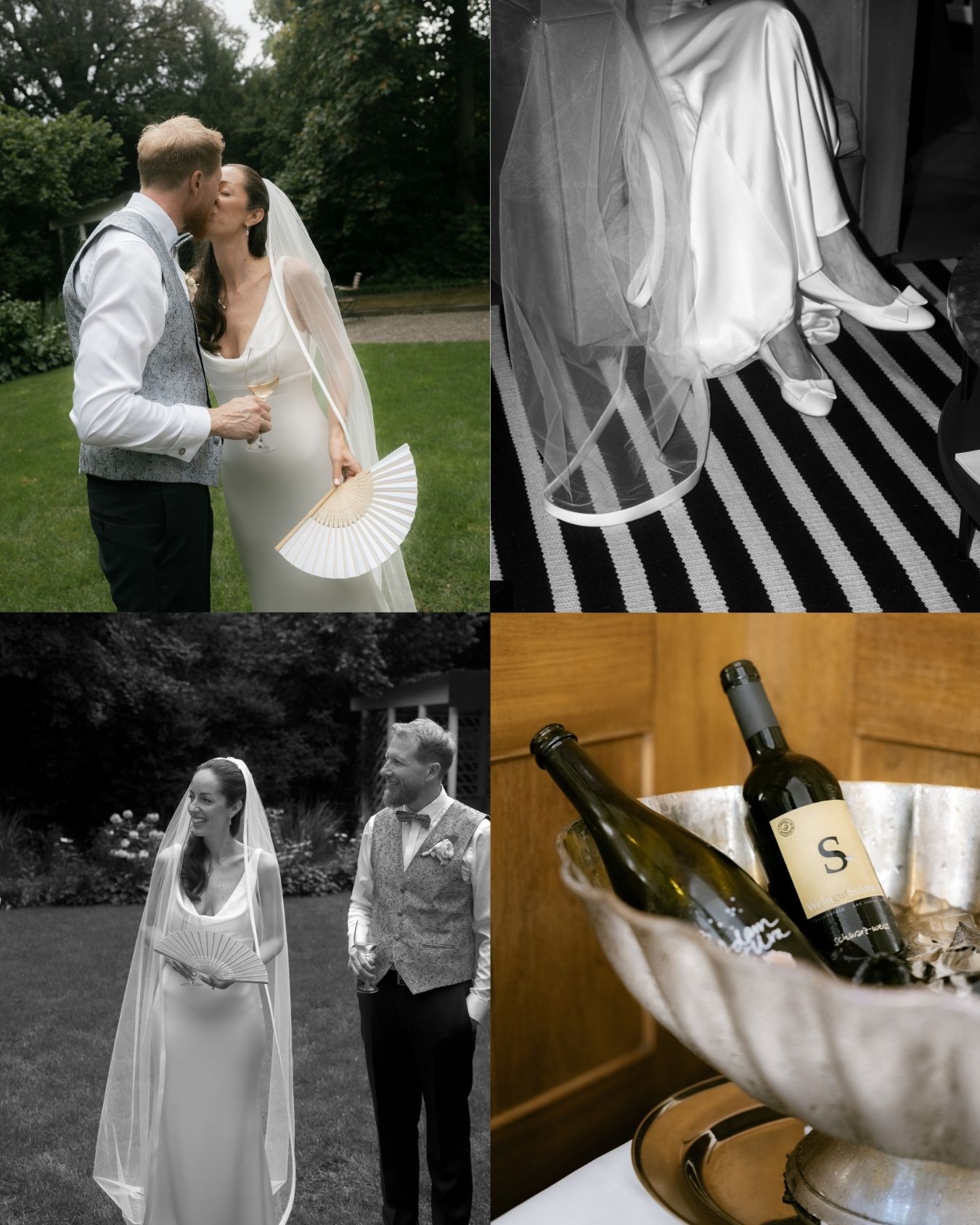 Romantic wedding collage featuring a couple kissing outdoors, bridal veil details, a garden portrait, and a wine bottle in ice.