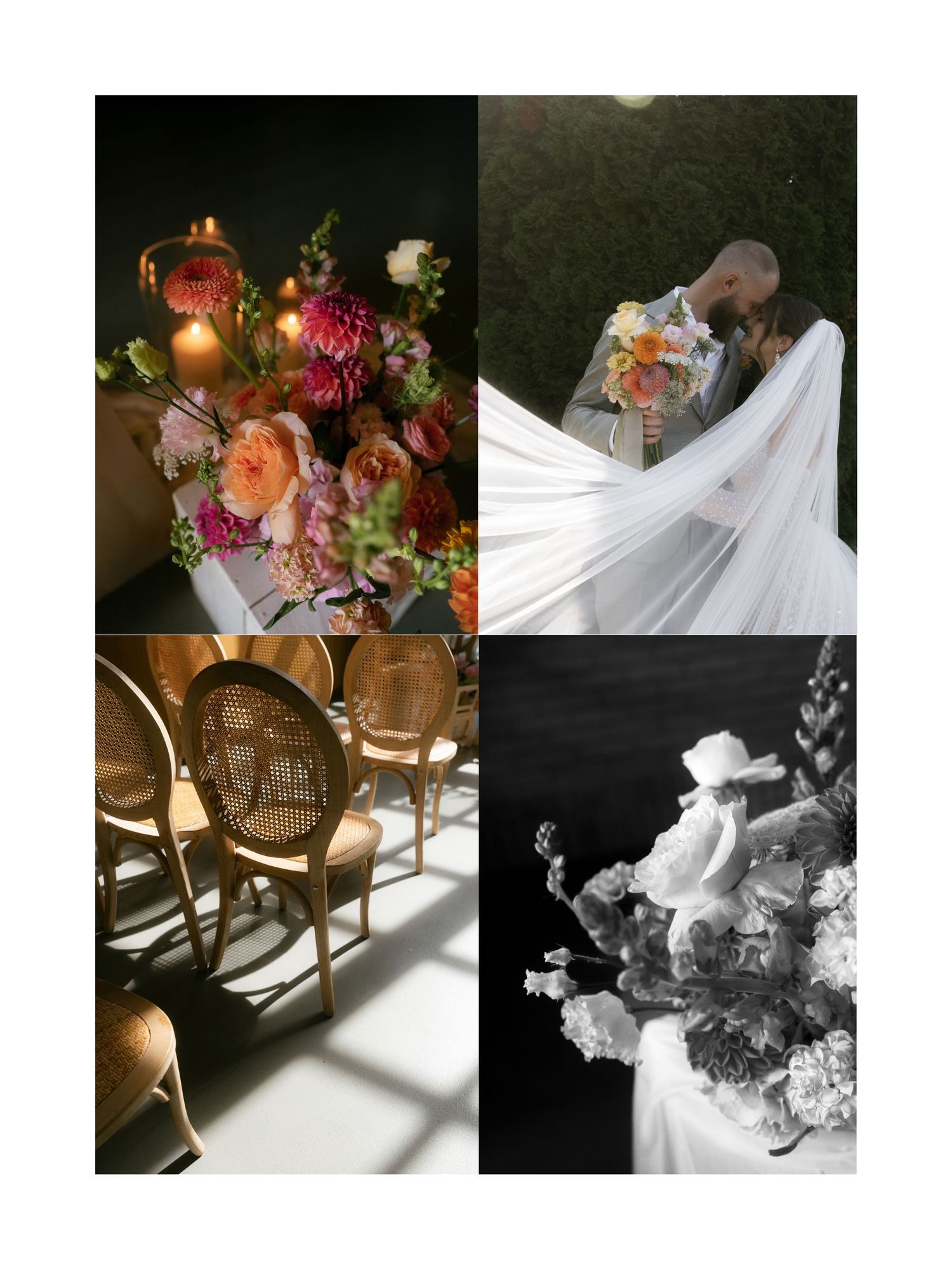 Sunlit floral arrangement with roses and peonies casting dramatic shadows on wooden table in moody lighting.