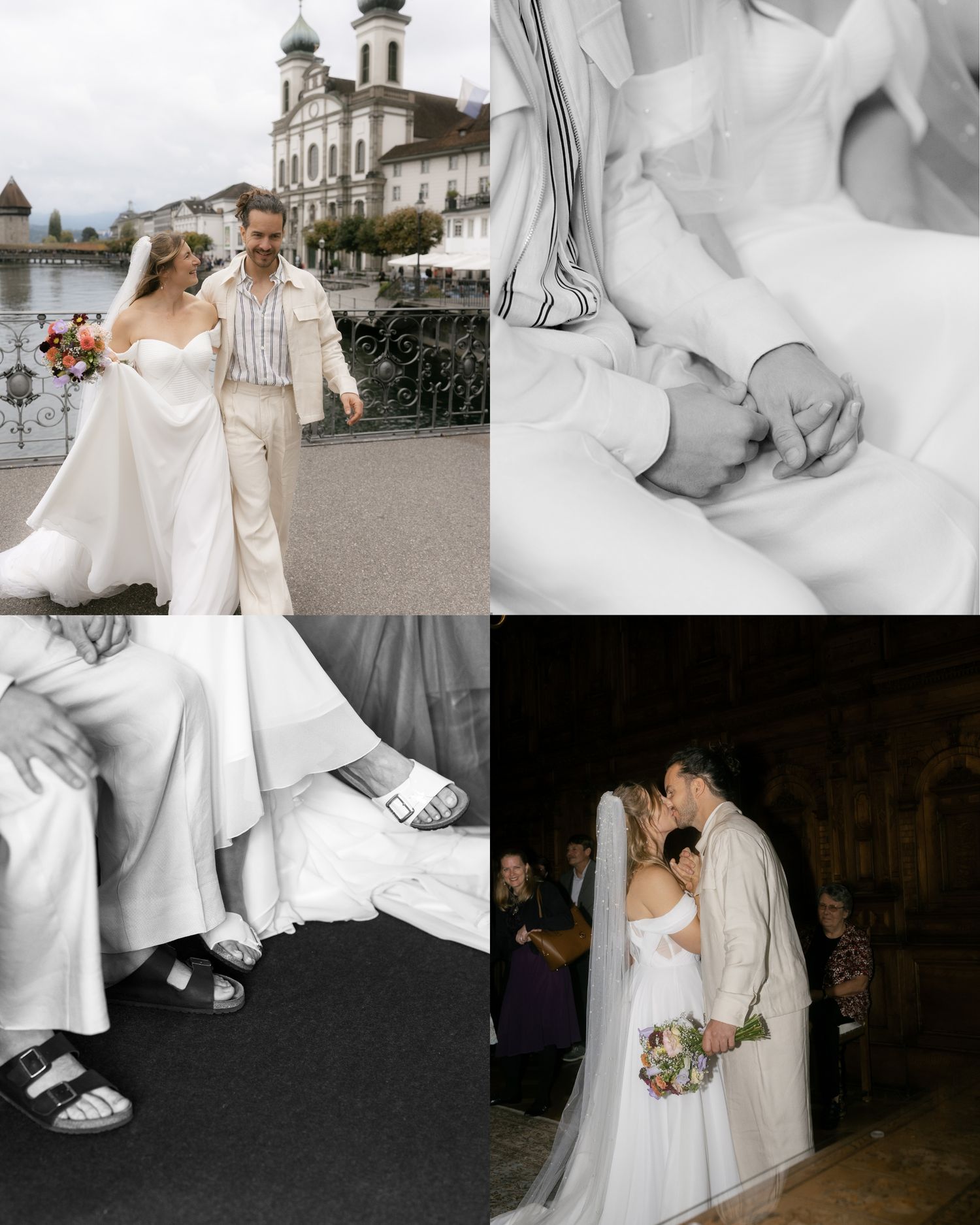Wedding couple poses by a lakeside church with ornate towers in the background, with black and white detail shots of dress and shoes. Luzern
