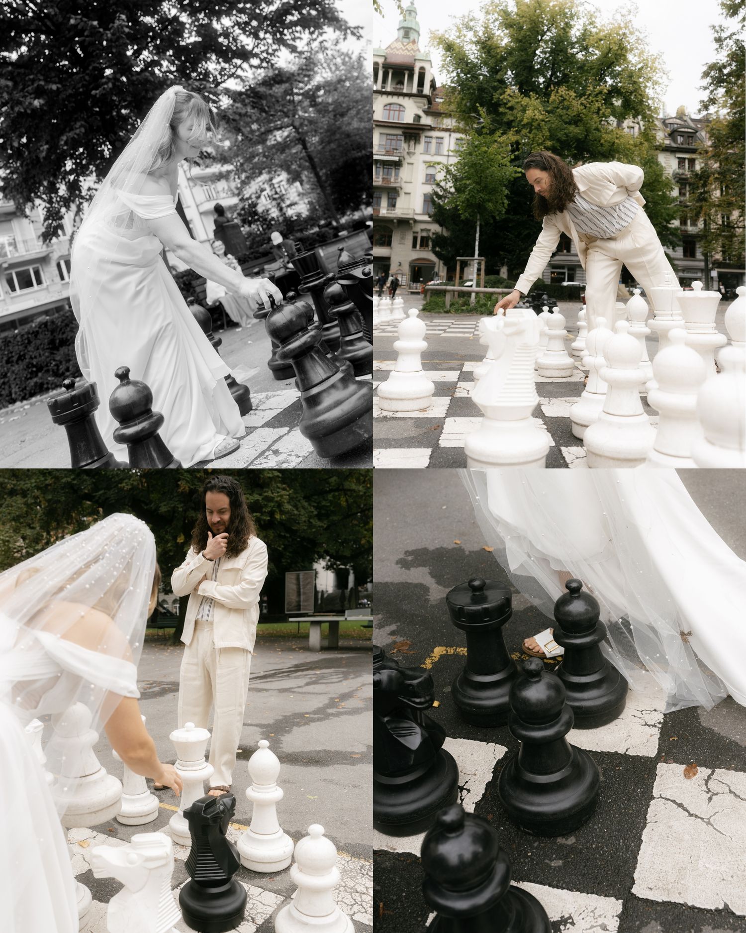 A person in a flowing white dress plays a dramatic game of chess with large outdoor pieces on a life-sized board. Swiss Wedding Photographer