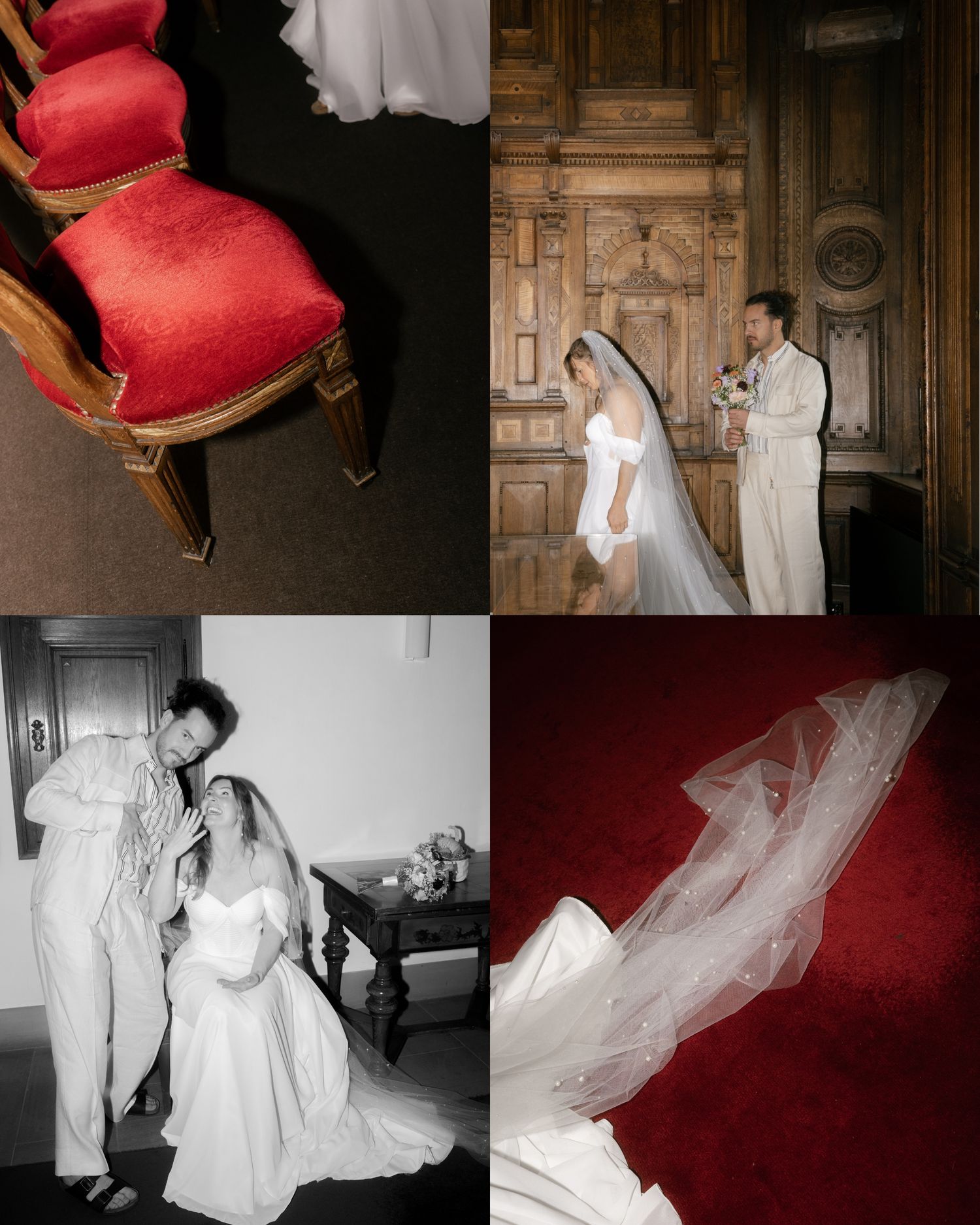 A dramatic wedding photo series featuring a bride in white dress against contrasting red and dark architectural elements.