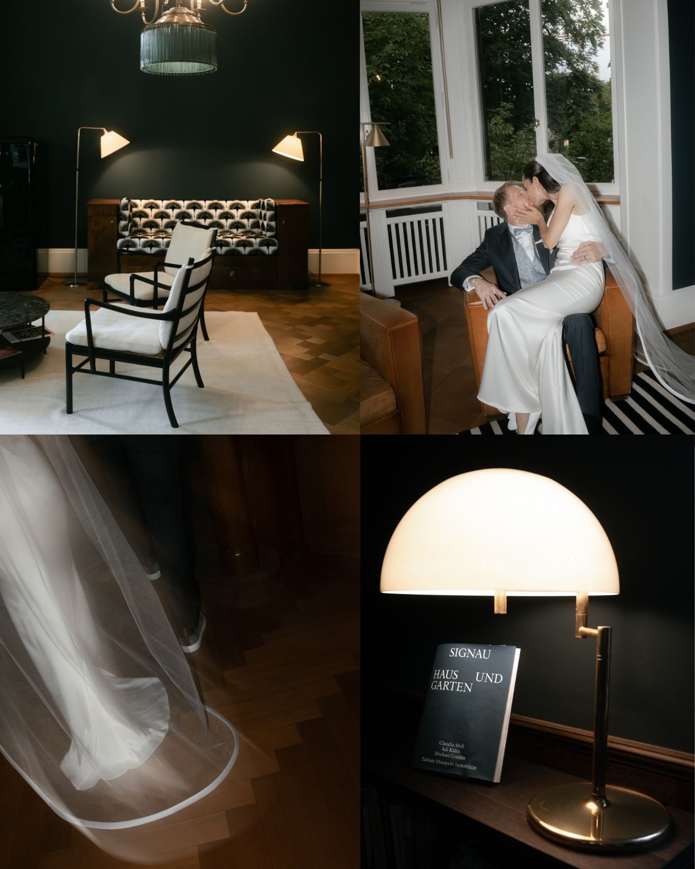 Elegant wedding couple kissing on a sofa in a dark-walled luxury hotel suite with a glowing lamp and bridal veil nearby.