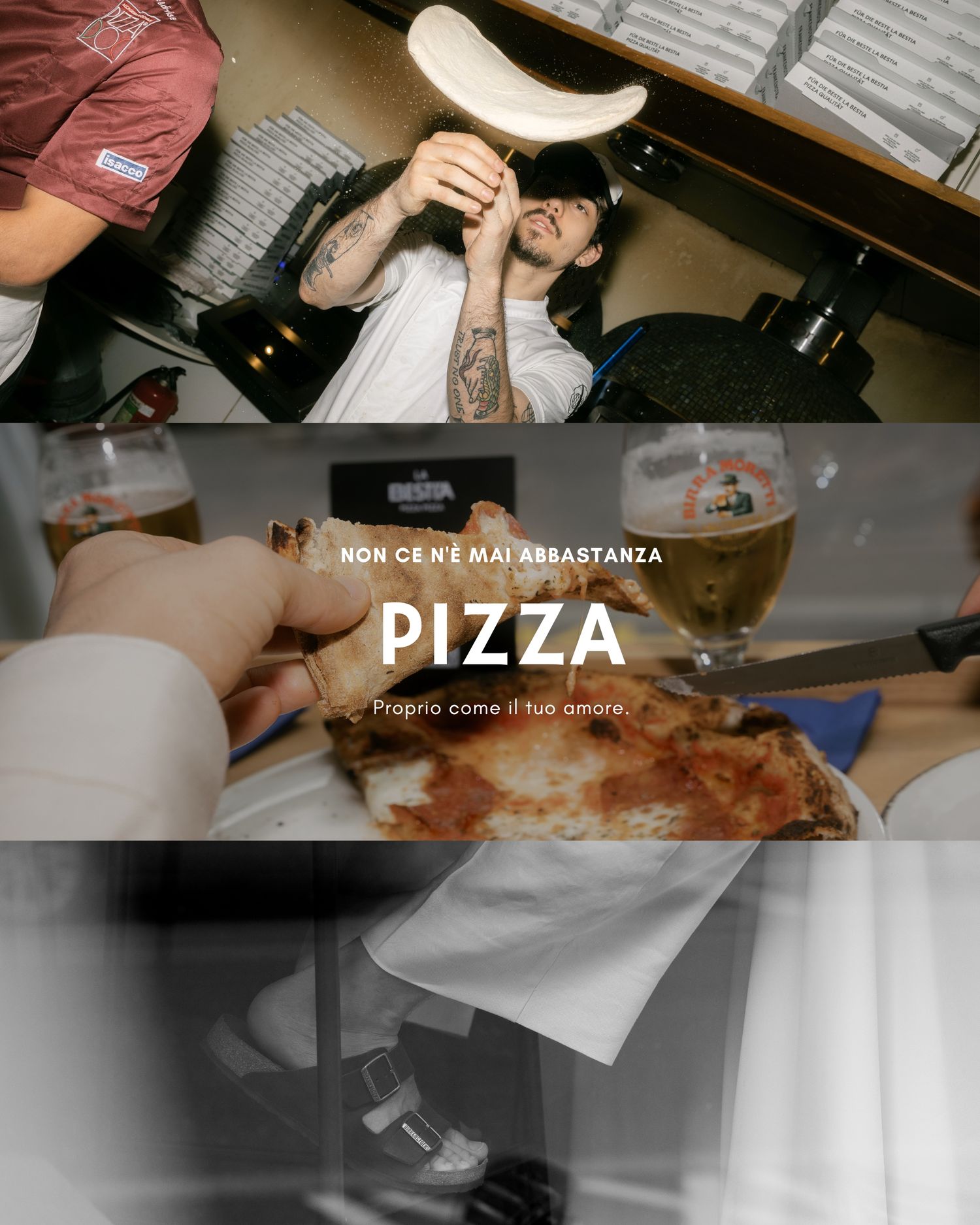 Person enjoying a slice of pizza in a casual restaurant setting with text overlay about pizza. La Bestia Luzern