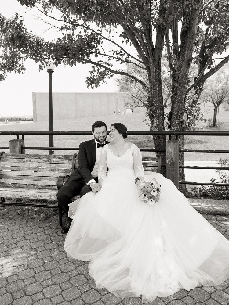 Liberty House Wedding New Jersey, Bride and Groom on Bench