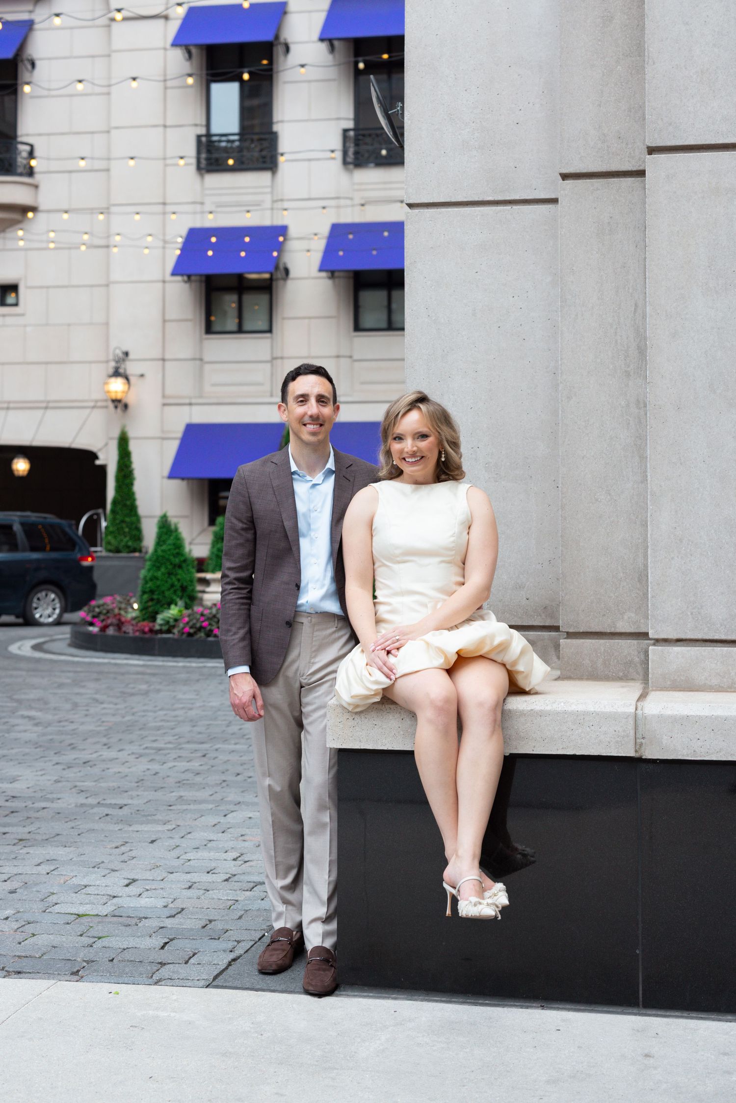 Rehearsal dinner portrait of bride and groom at Waldorf Astoria Chicago. Romantic rehearsal dinner portrait at Waldorf Astoria Chicago.