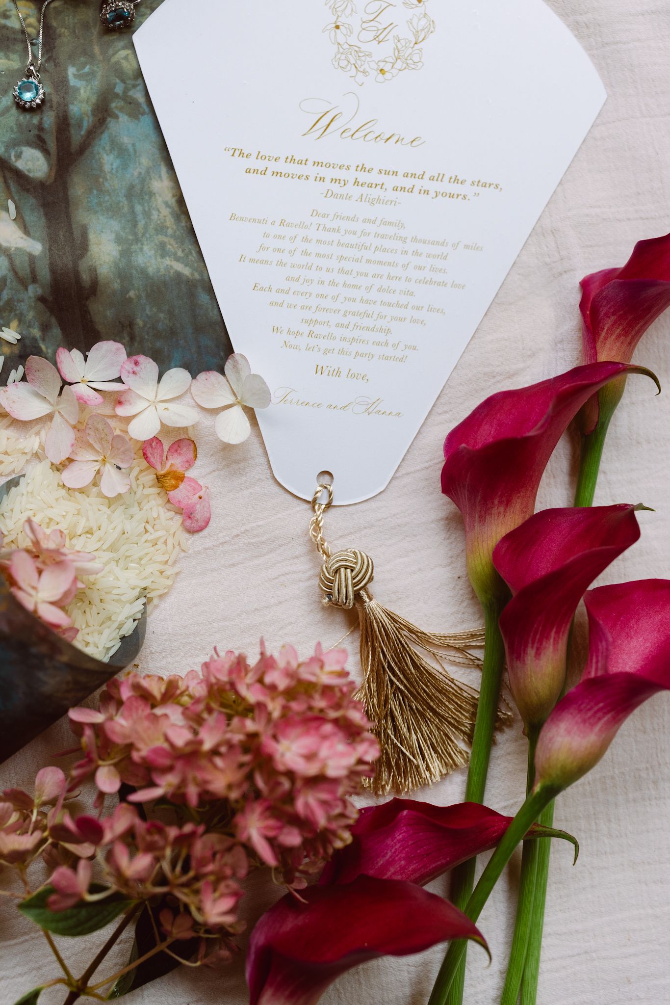 Luxury Italy destination wedding day flat lay with elegant bridal details, stationery, and accessories, captured by Chicago photographer.
